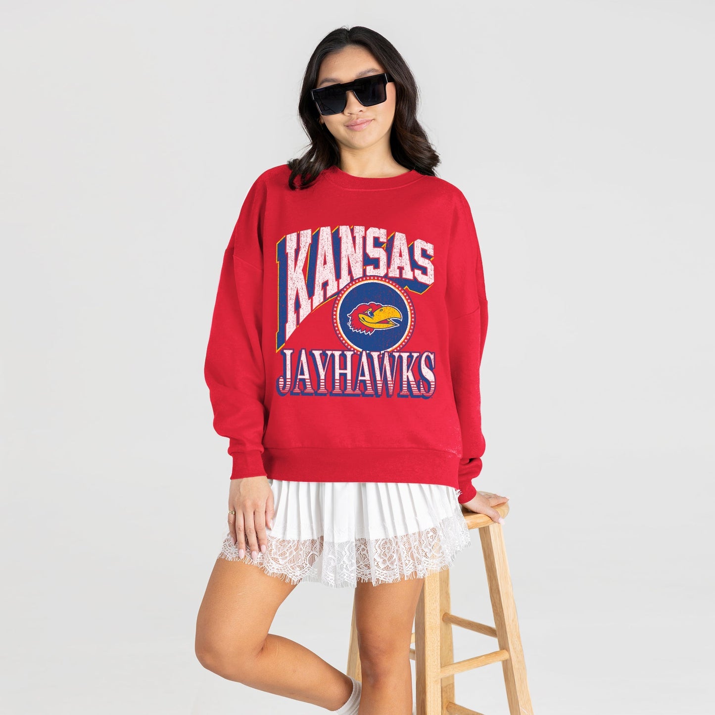 KANSAS JAYHAWKS MAIN CHARACTER PREMIUM FLEECE DROP SHOULDER CREWNECK PULLOVER