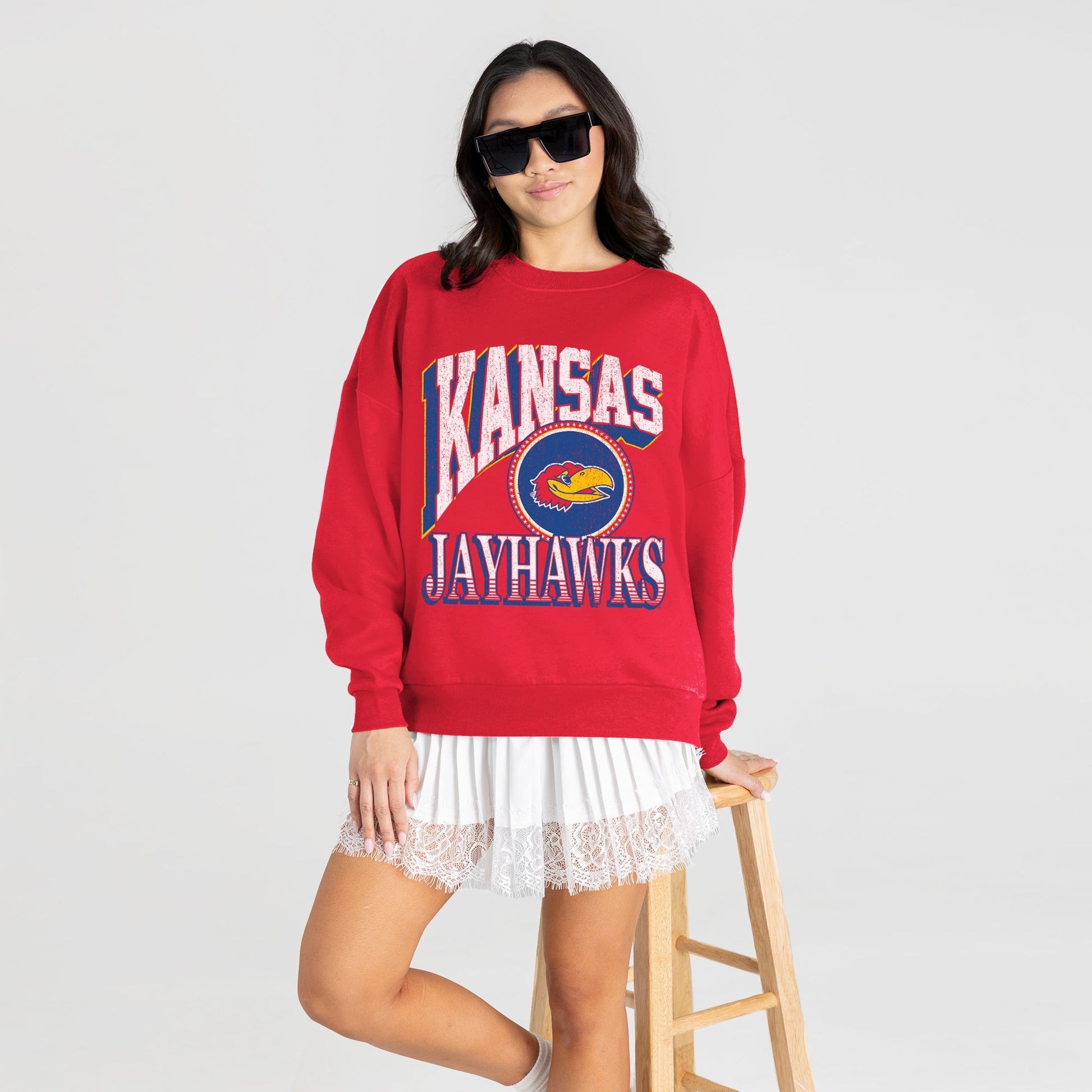 KANSAS JAYHAWKS MAIN CHARACTER PREMIUM FLEECE DROP SHOULDER CREWNECK PULLOVER