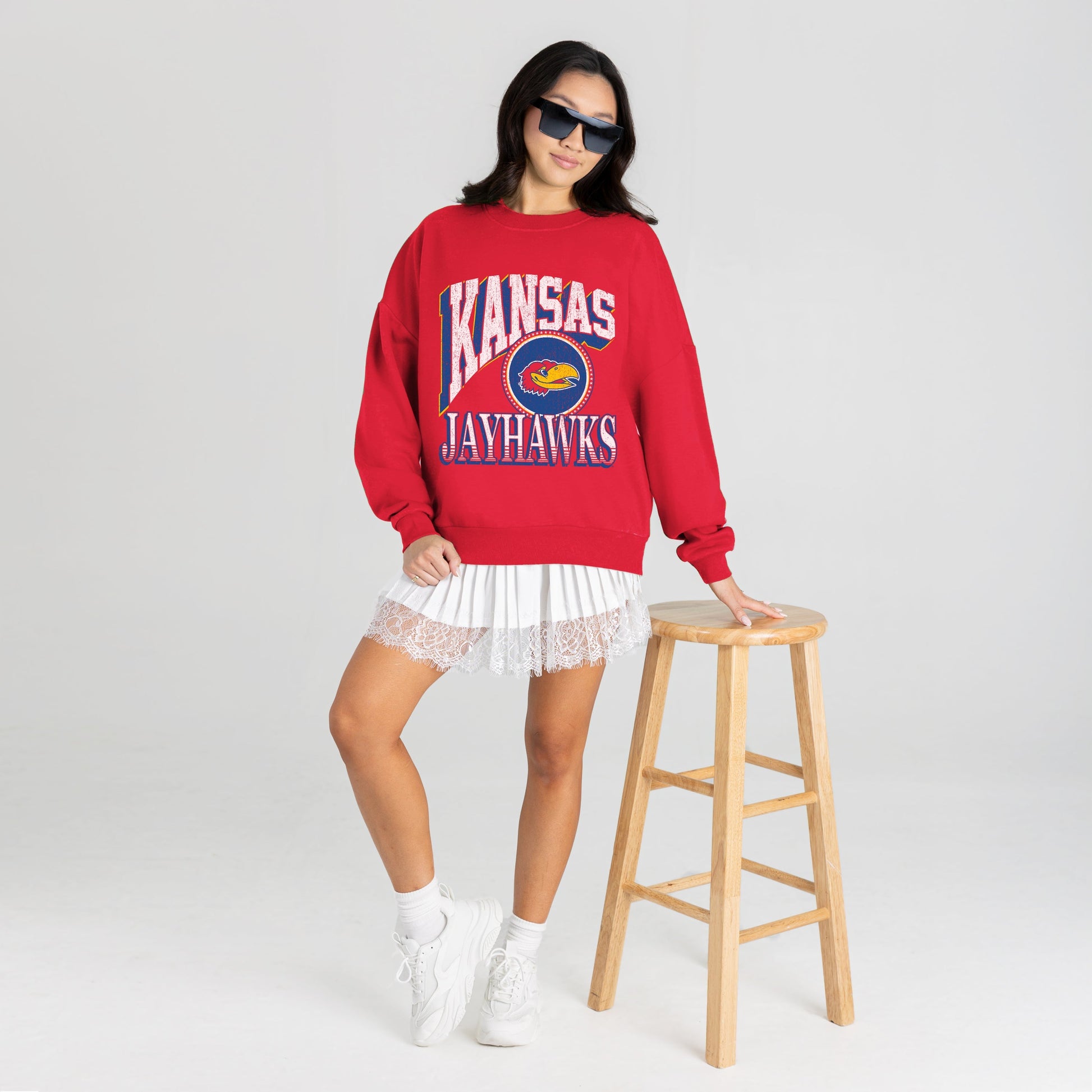 KANSAS JAYHAWKS MAIN CHARACTER PREMIUM FLEECE DROP SHOULDER CREWNECK PULLOVER