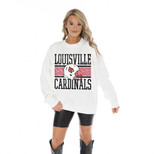 LOUISVILLE CARDINALS FAIR CATCH LONG SLEEVE UNISEX FIT PREMIUM FLEECE CREWNECK SWEATSHIRT WITH RIBBED KNIT NECKLINE, WRIST, AND WAISTBAND