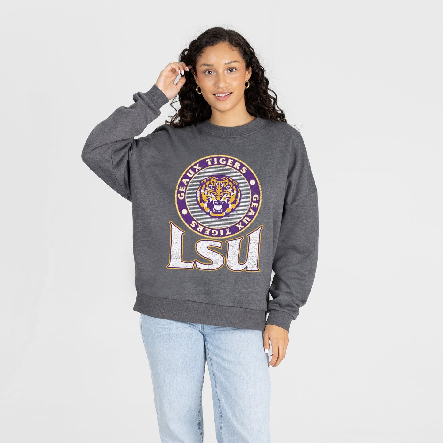 LSU TIGERS SATURDAY SEAL PREMIUM FLEECE DROP SHOULDER CREWNECK PULLOVER