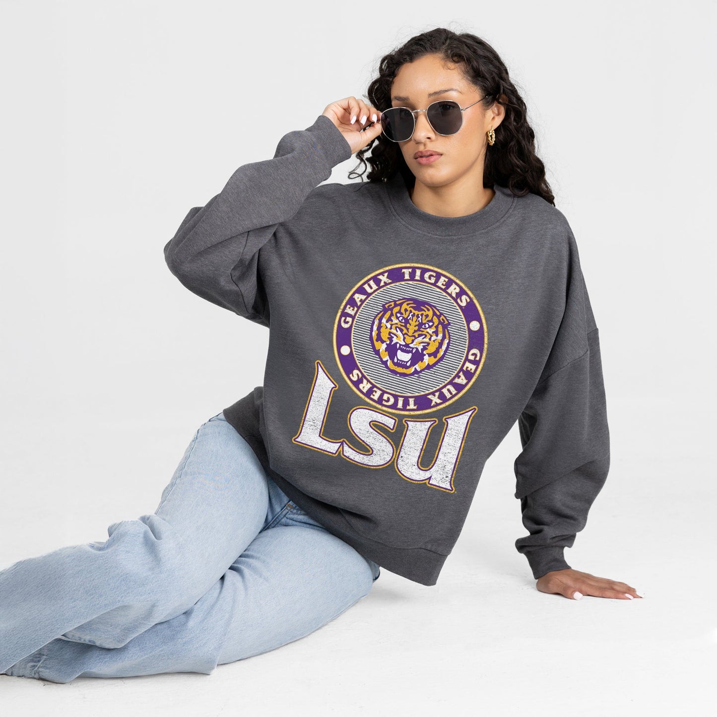 LSU TIGERS SATURDAY SEAL PREMIUM FLEECE DROP SHOULDER CREWNECK PULLOVER