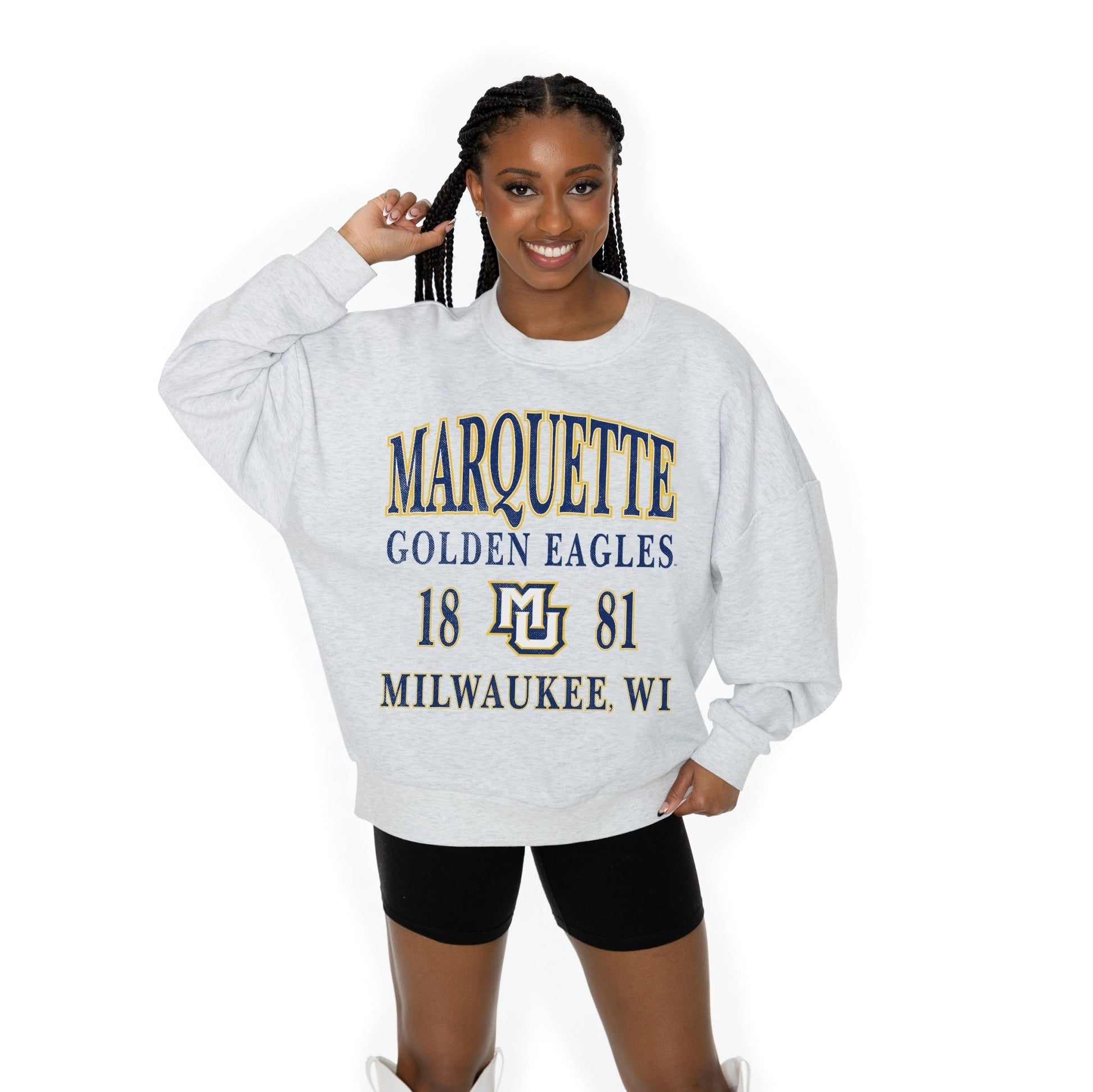 MARQUETTE GOLDEN EAGLES ALLEGIANCE LONG SLEEVE UNISEX FIT PREMIUM FLEECE CREWNECK SWEATSHIRT WITH RIBBED KNIT NECKLINE, WRIST, AND WAISTBAND - The Club