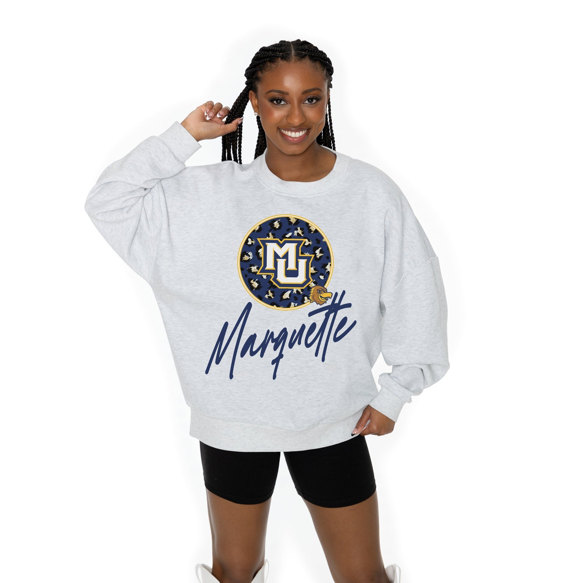 MARQUETTE GOLDEN EAGLES GOING WILD LONG SLEEVE UNISEX FIT PREMIUM FLEECE CREWNECK SWEATSHIRT WITH RIBBED KNIT NECKLINE, WRIST, AND WAISTBAND