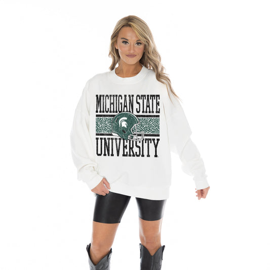 MICHIGAN STATE SPARTANS FAIR CATCH LONG SLEEVE UNISEX FIT PREMIUM FLEECE CREWNECK SWEATSHIRT WITH RIBBED KNIT NECKLINE, WRIST, AND WAISTBAND