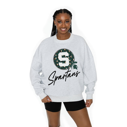 MICHIGAN STATE SPARTANS GOING WILD LONG SLEEVE UNISEX FIT PREMIUM FLEECE CREWNECK SWEATSHIRT WITH RIBBED KNIT NECKLINE, WRIST, AND WAISTBAND