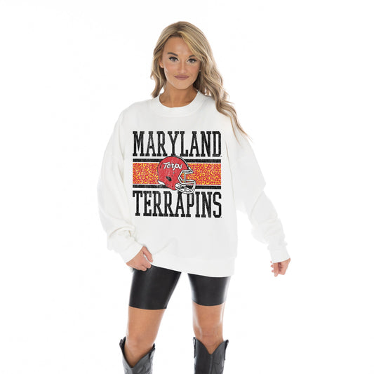 MARYLAND TERRAPINS FAIR CATCH LONG SLEEVE UNISEX FIT PREMIUM FLEECE CREWNECK SWEATSHIRT WITH RIBBED KNIT NECKLINE, WRIST, AND WAISTBAND