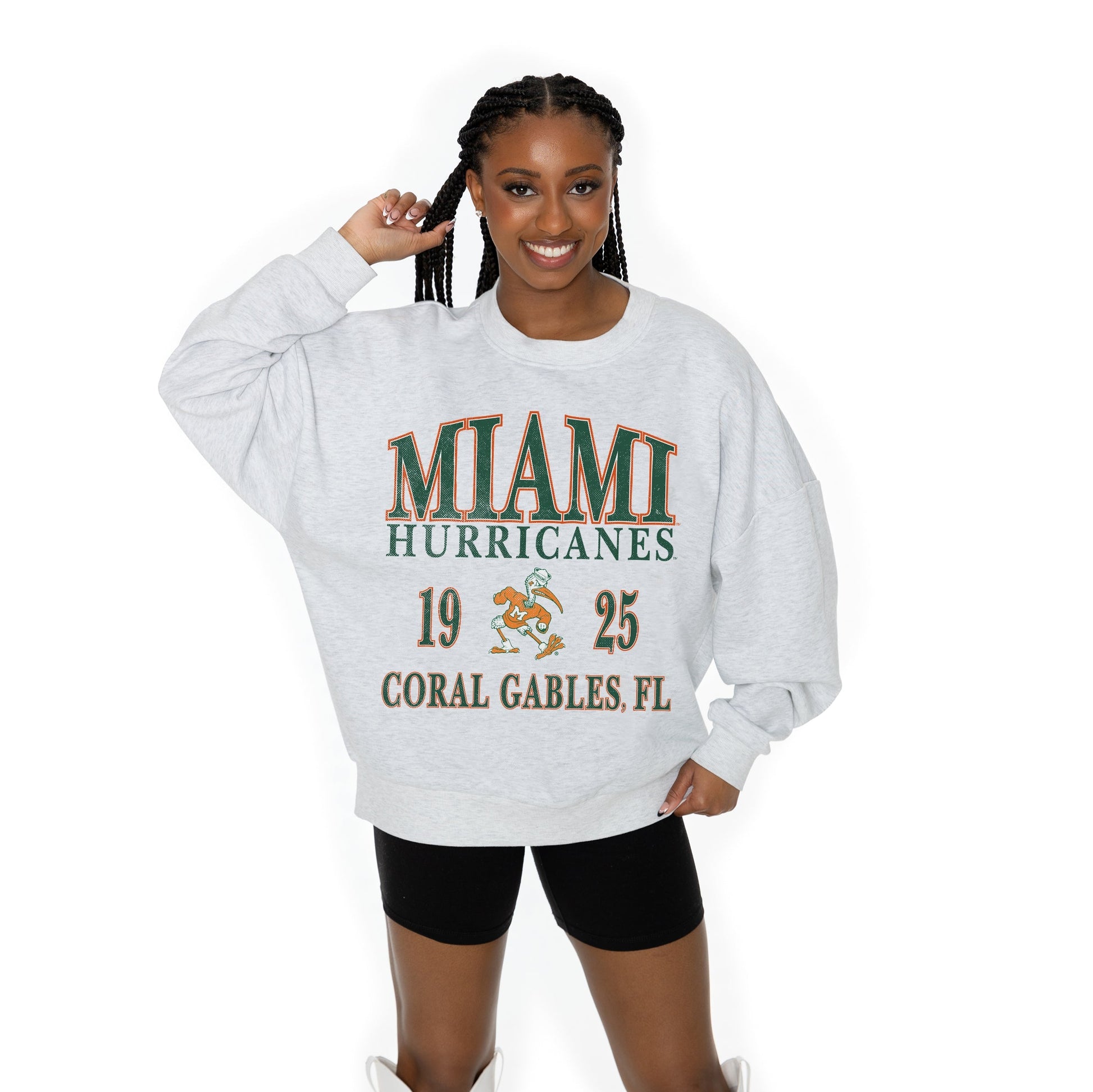 MIAMI HURRICANES ALLEGIANCE LONG SLEEVE UNISEX FIT PREMIUM FLEECE CREWNECK SWEATSHIRT WITH RIBBED KNIT NECKLINE, WRIST, AND WAISTBAND