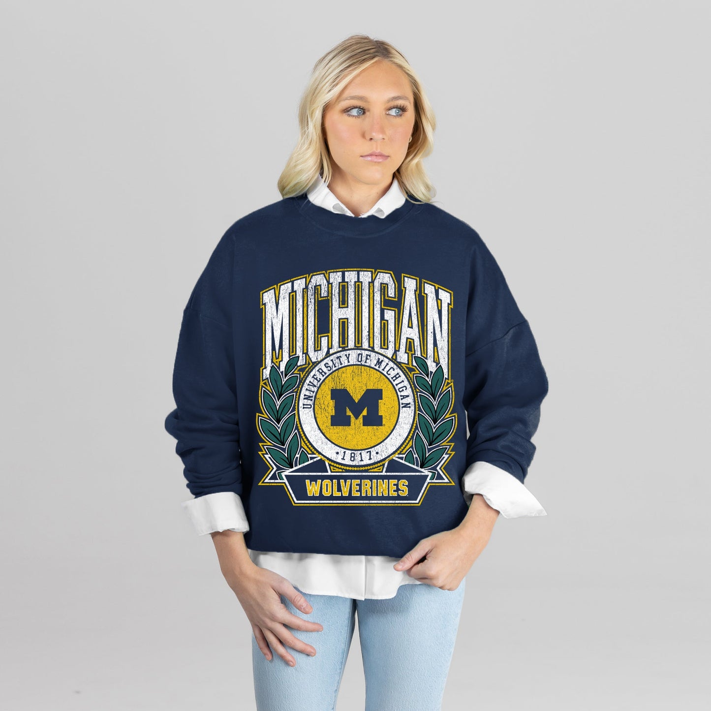 MICHIGAN WOLVERINES CLASSIC ARCHIVES PREMIUM FLEECE DROP SHOULDER CREWNECK PULLOVER