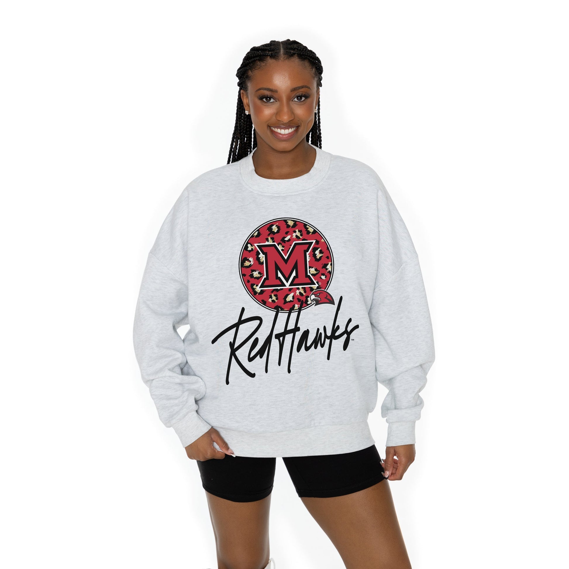 MIAMI OF OHIO REDHAWKS GOING WILD LONG SLEEVE UNISEX FIT PREMIUM FLEECE CREWNECK SWEATSHIRT WITH RIBBED KNIT NECKLINE, WRIST, AND WAISTBAND