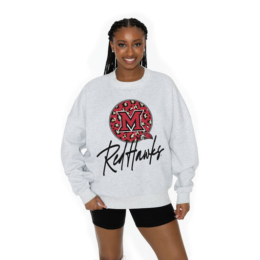 MIAMI OF OHIO REDHAWKS GOING WILD LONG SLEEVE UNISEX FIT PREMIUM FLEECE CREWNECK SWEATSHIRT WITH RIBBED KNIT NECKLINE, WRIST, AND WAISTBAND - The Club