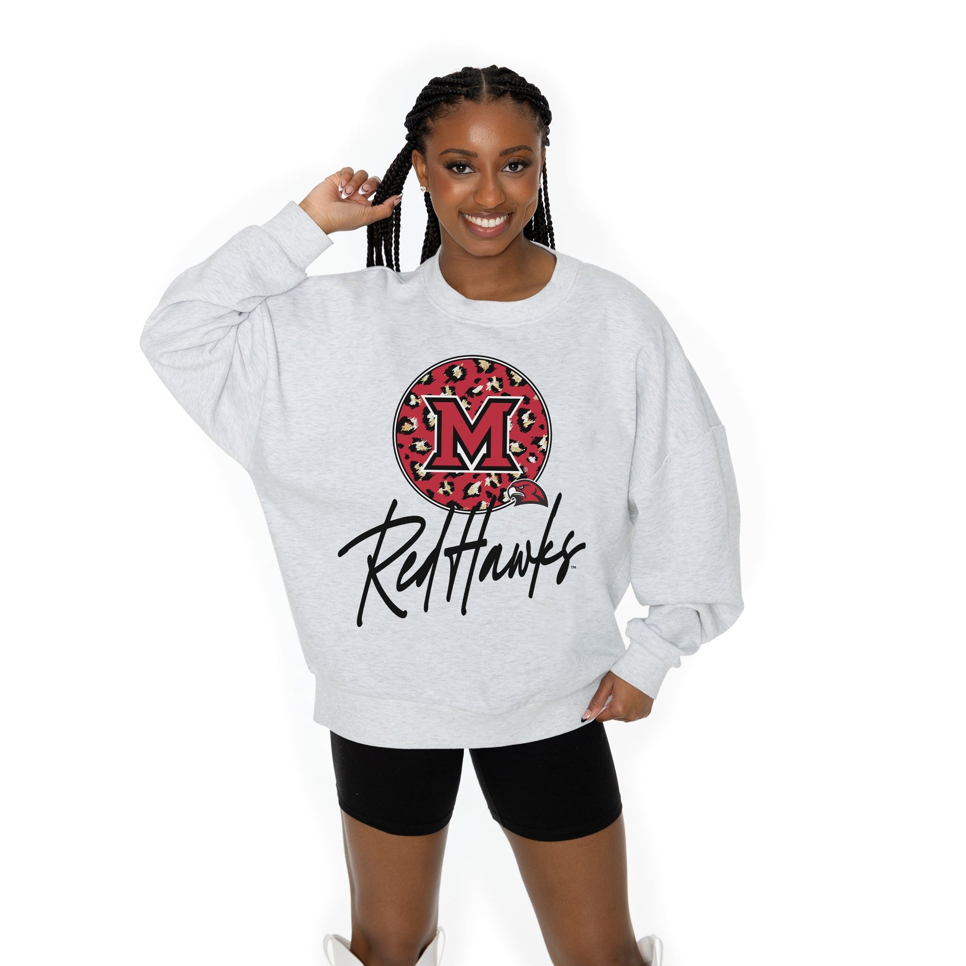 MIAMI OF OHIO REDHAWKS GOING WILD LONG SLEEVE UNISEX FIT PREMIUM FLEECE CREWNECK SWEATSHIRT WITH RIBBED KNIT NECKLINE, WRIST, AND WAISTBAND