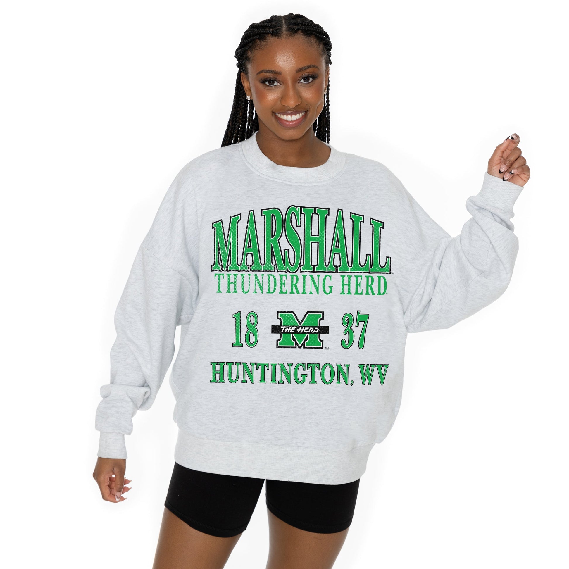 MARSHALL THUNDERING HERD ALLEGIANCE LONG SLEEVE UNISEX FIT PREMIUM FLEECE CREWNECK SWEATSHIRT WITH RIBBED KNIT NECKLINE, WRIST, AND WAISTBAND
