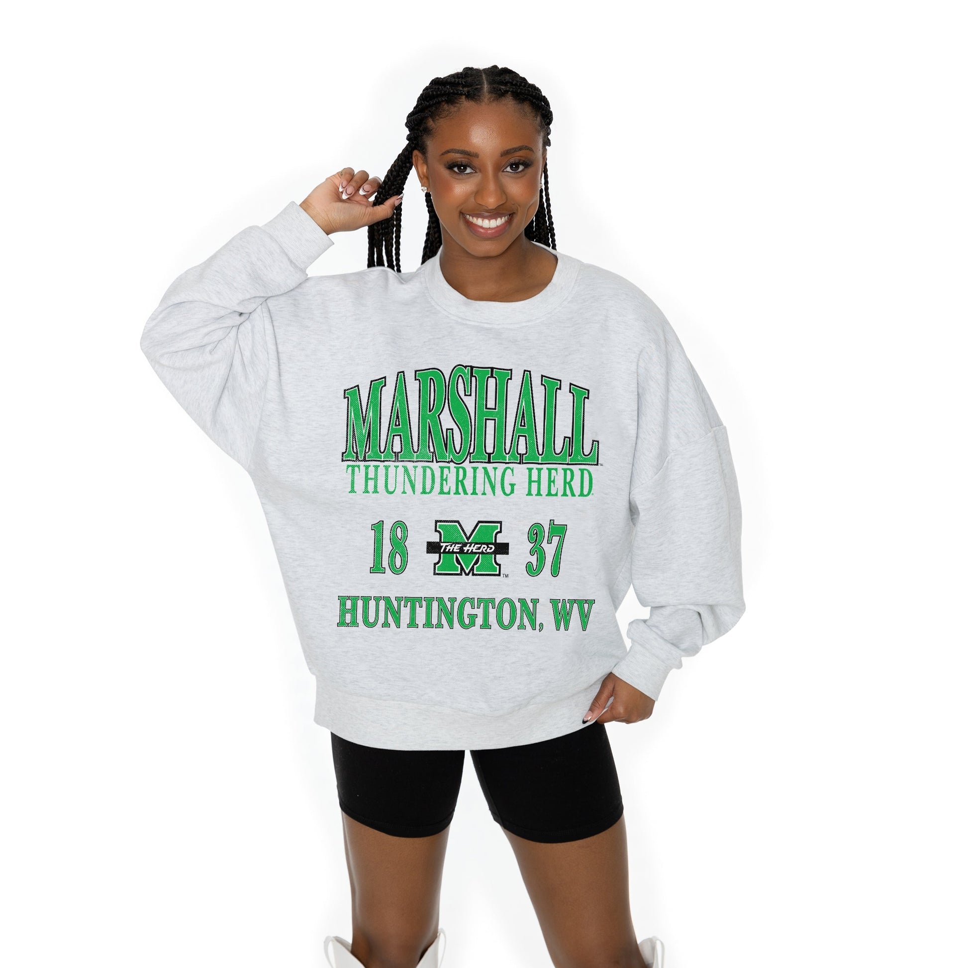 MARSHALL THUNDERING HERD ALLEGIANCE LONG SLEEVE UNISEX FIT PREMIUM FLEECE CREWNECK SWEATSHIRT WITH RIBBED KNIT NECKLINE, WRIST, AND WAISTBAND