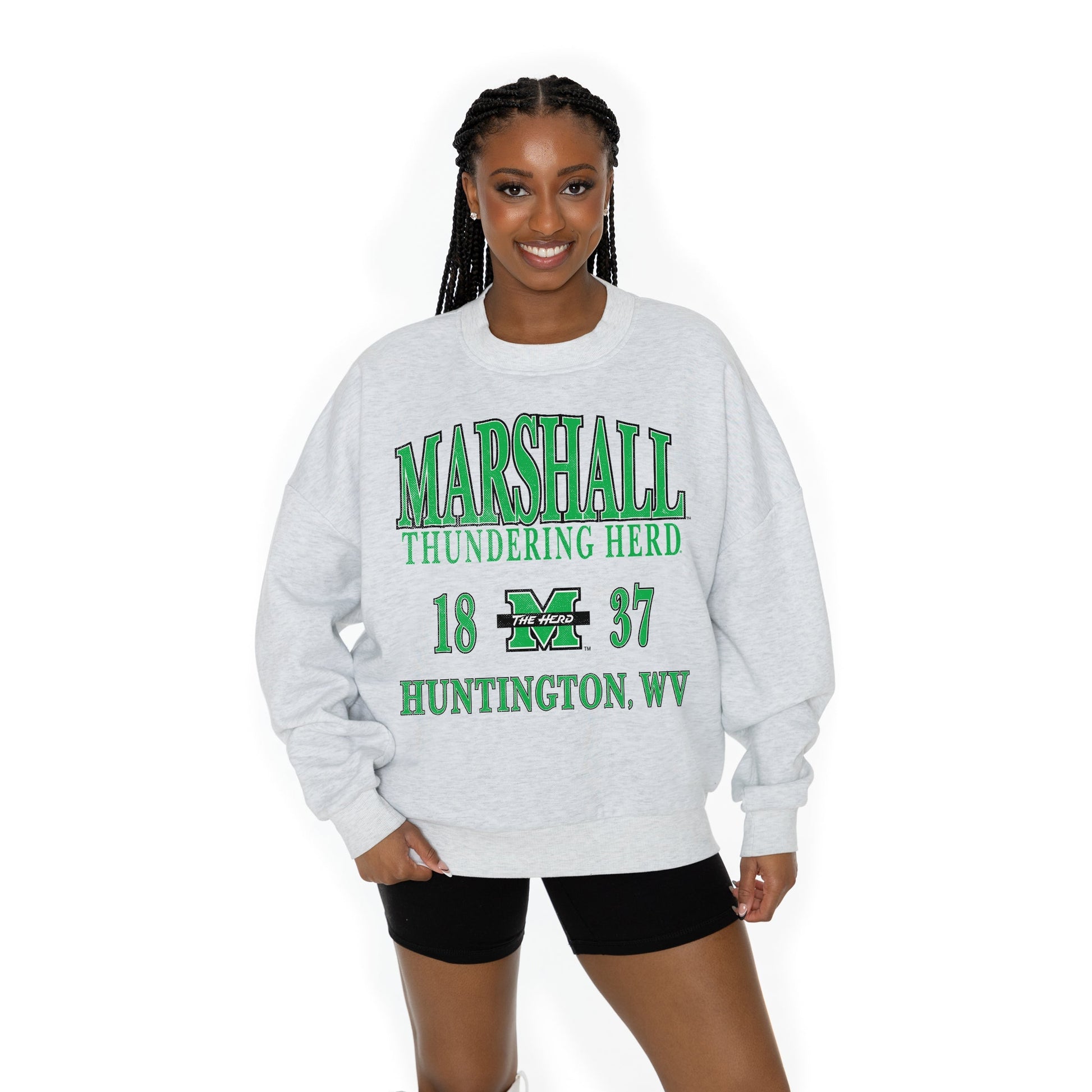 MARSHALL THUNDERING HERD ALLEGIANCE LONG SLEEVE UNISEX FIT PREMIUM FLEECE CREWNECK SWEATSHIRT WITH RIBBED KNIT NECKLINE, WRIST, AND WAISTBAND