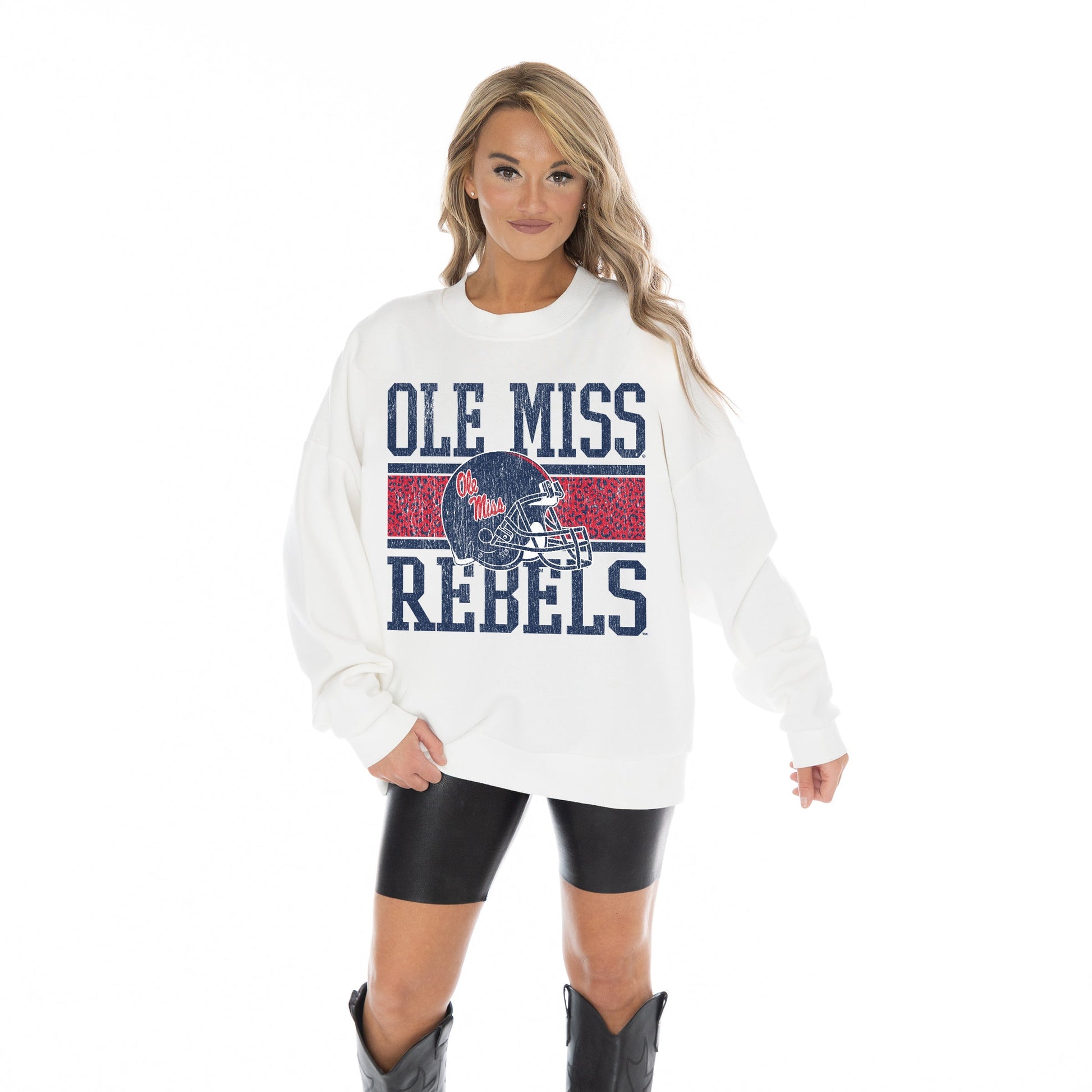 OLE MISS REBELS FAIR CATCH LONG SLEEVE UNISEX FIT PREMIUM FLEECE CREWNECK SWEATSHIRT WITH RIBBED KNIT NECKLINE, WRIST, AND WAISTBAND
