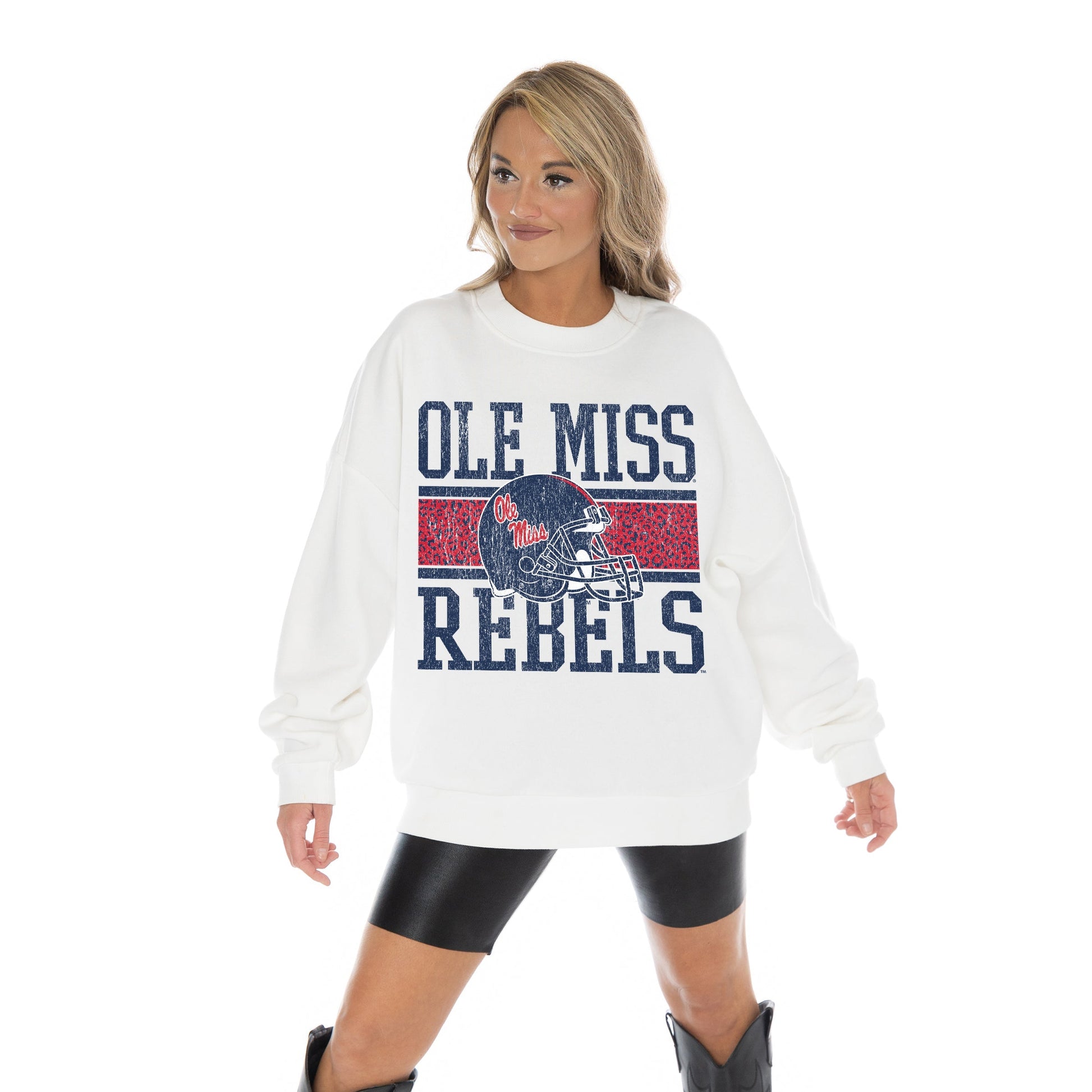 OLE MISS REBELS FAIR CATCH LONG SLEEVE UNISEX FIT PREMIUM FLEECE CREWNECK SWEATSHIRT WITH RIBBED KNIT NECKLINE, WRIST, AND WAISTBAND