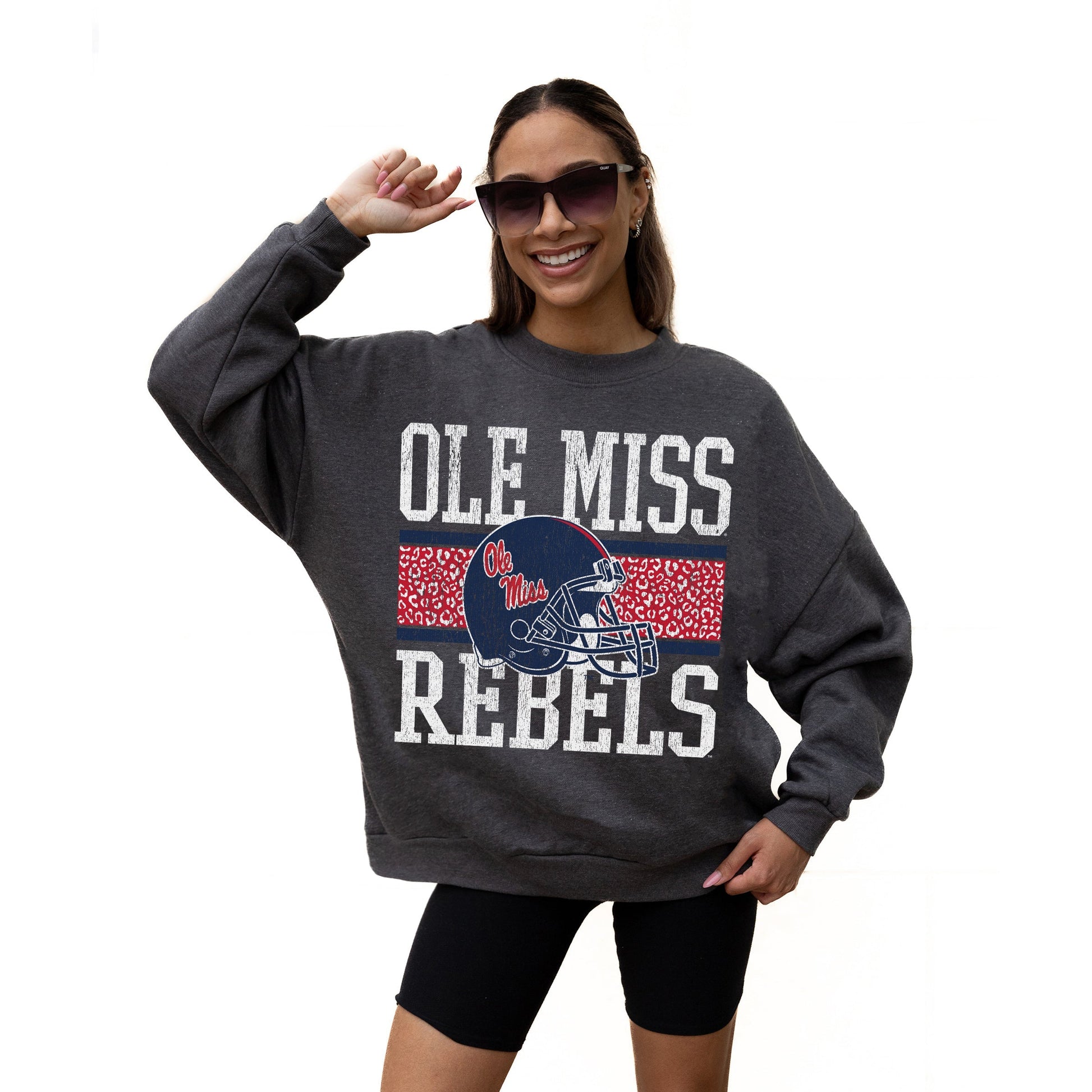 OLE MISS REBELS WILD TAILGATE LONG SLEEVE UNISEX FIT PREMIUM FLEECE CREWNECK SWEATSHIRT WITH RIBBED KNIT NECKLINE, WRIST, AND WAISTBAND