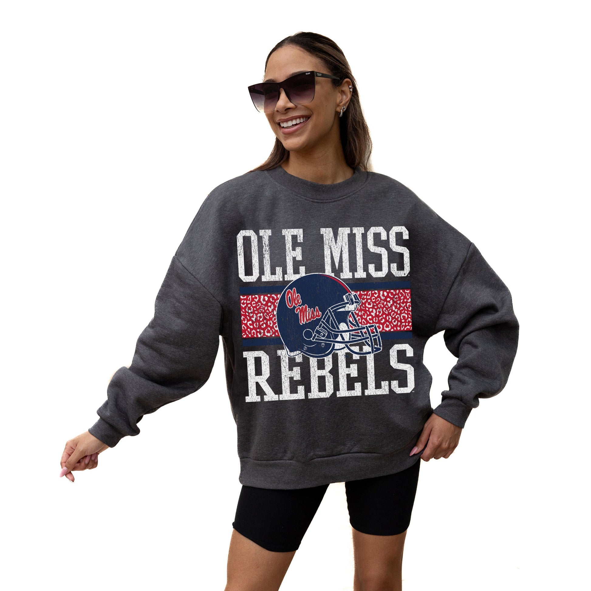 OLE MISS REBELS WILD TAILGATE LONG SLEEVE UNISEX FIT PREMIUM FLEECE CREWNECK SWEATSHIRT WITH RIBBED KNIT NECKLINE, WRIST, AND WAISTBAND