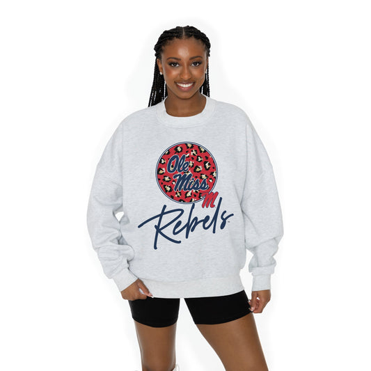 OLE MISS REBELS GOING WILD LONG SLEEVE UNISEX FIT PREMIUM FLEECE CREWNECK SWEATSHIRT WITH RIBBED KNIT NECKLINE, WRIST, AND WAISTBAND