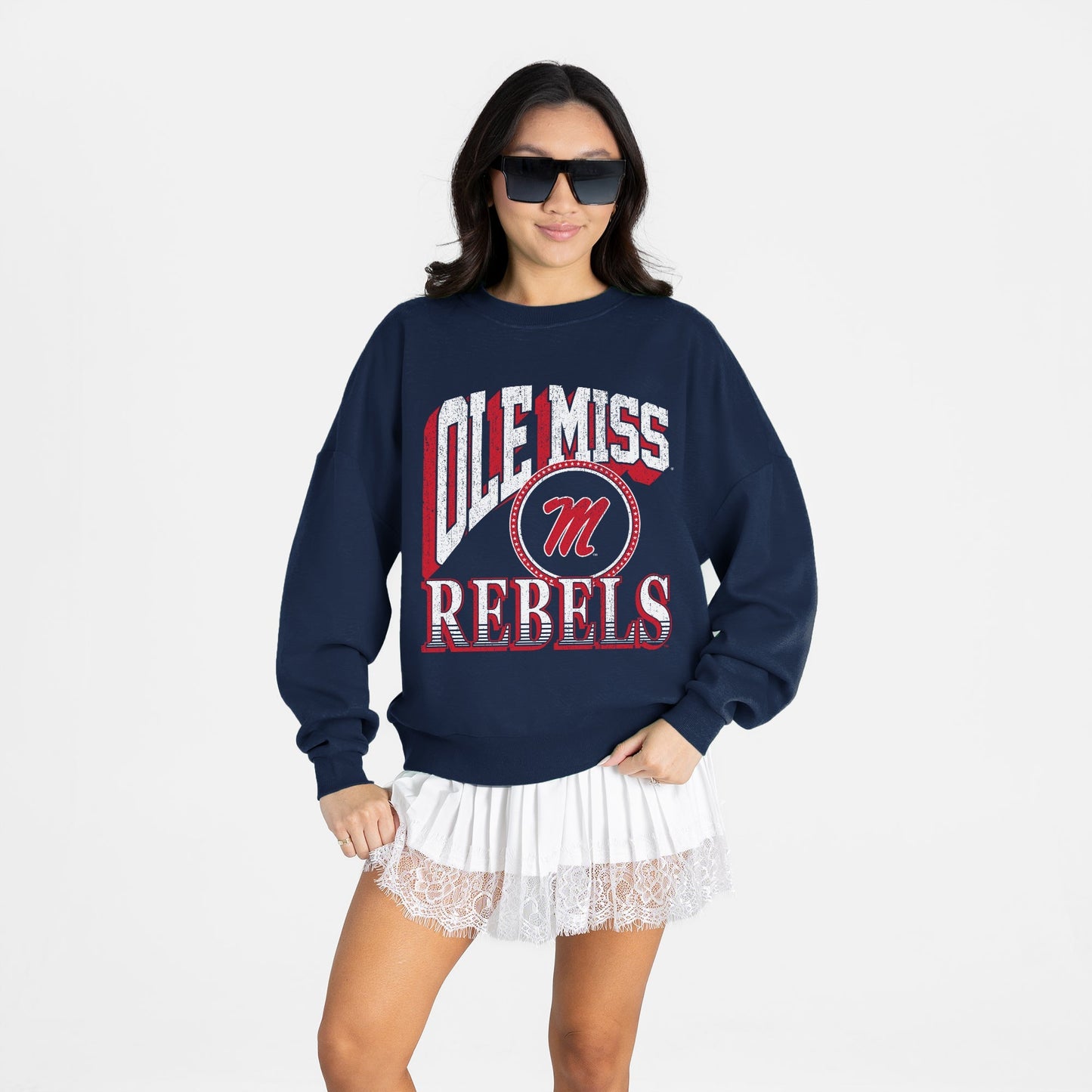 OLE MISS REBELS MAIN CHARACTER PREMIUM FLEECE DROP SHOULDER CREWNECK PULLOVER