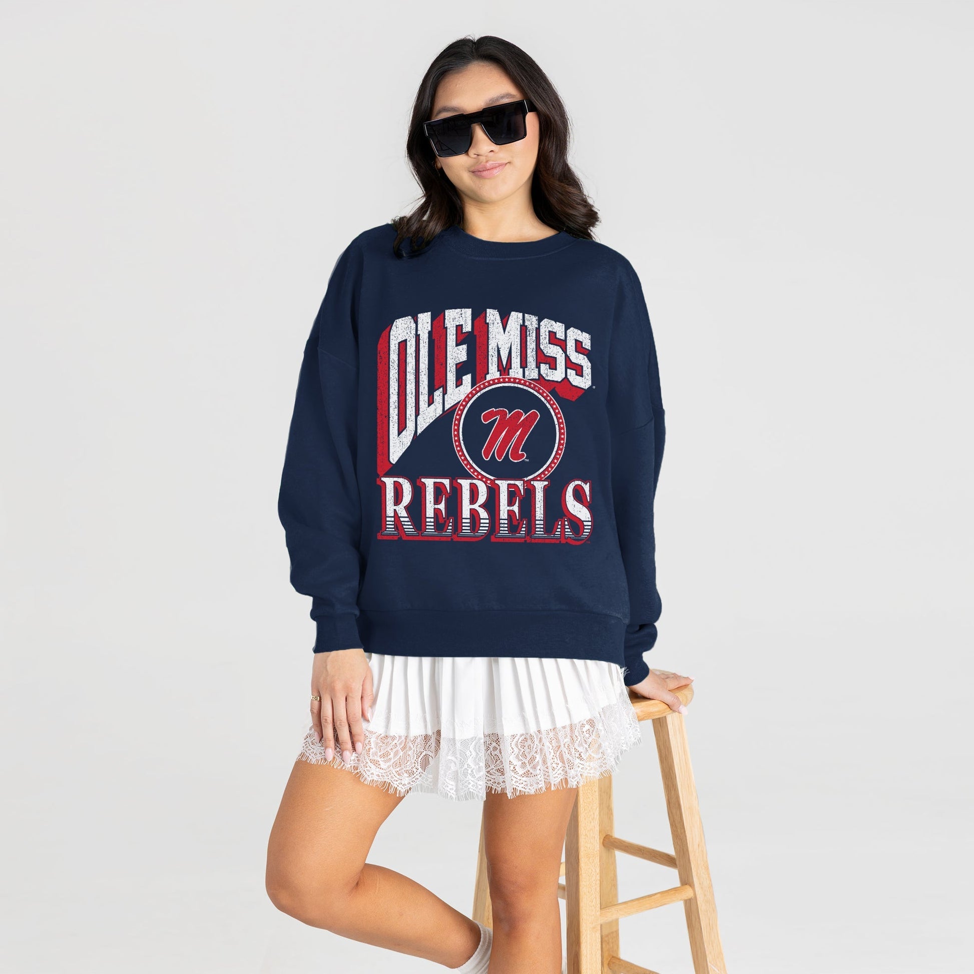 OLE MISS REBELS MAIN CHARACTER PREMIUM FLEECE DROP SHOULDER CREWNECK PULLOVER