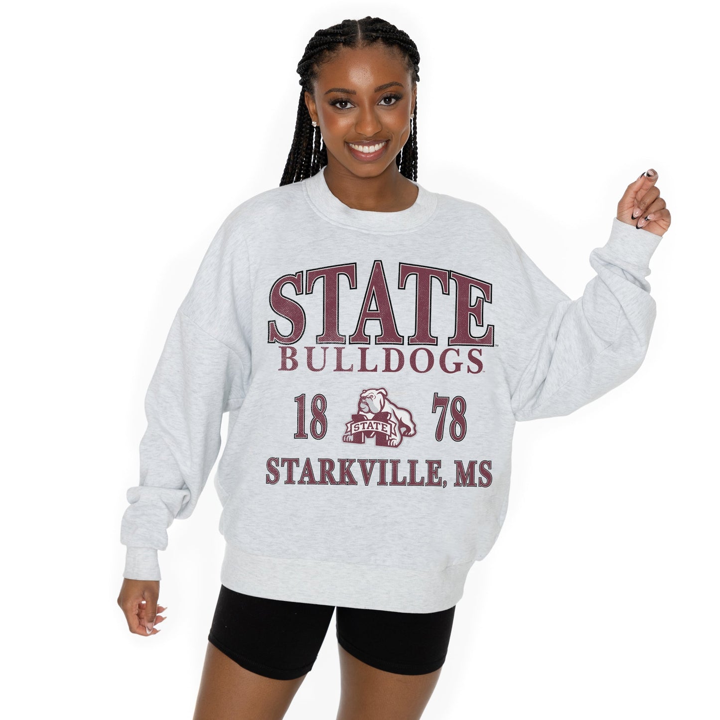 MISSISSIPPI STATE BULLDOGS ALLEGIANCE LONG SLEEVE UNISEX FIT PREMIUM FLEECE CREWNECK SWEATSHIRT WITH RIBBED KNIT NECKLINE, WRIST, AND WAISTBAND