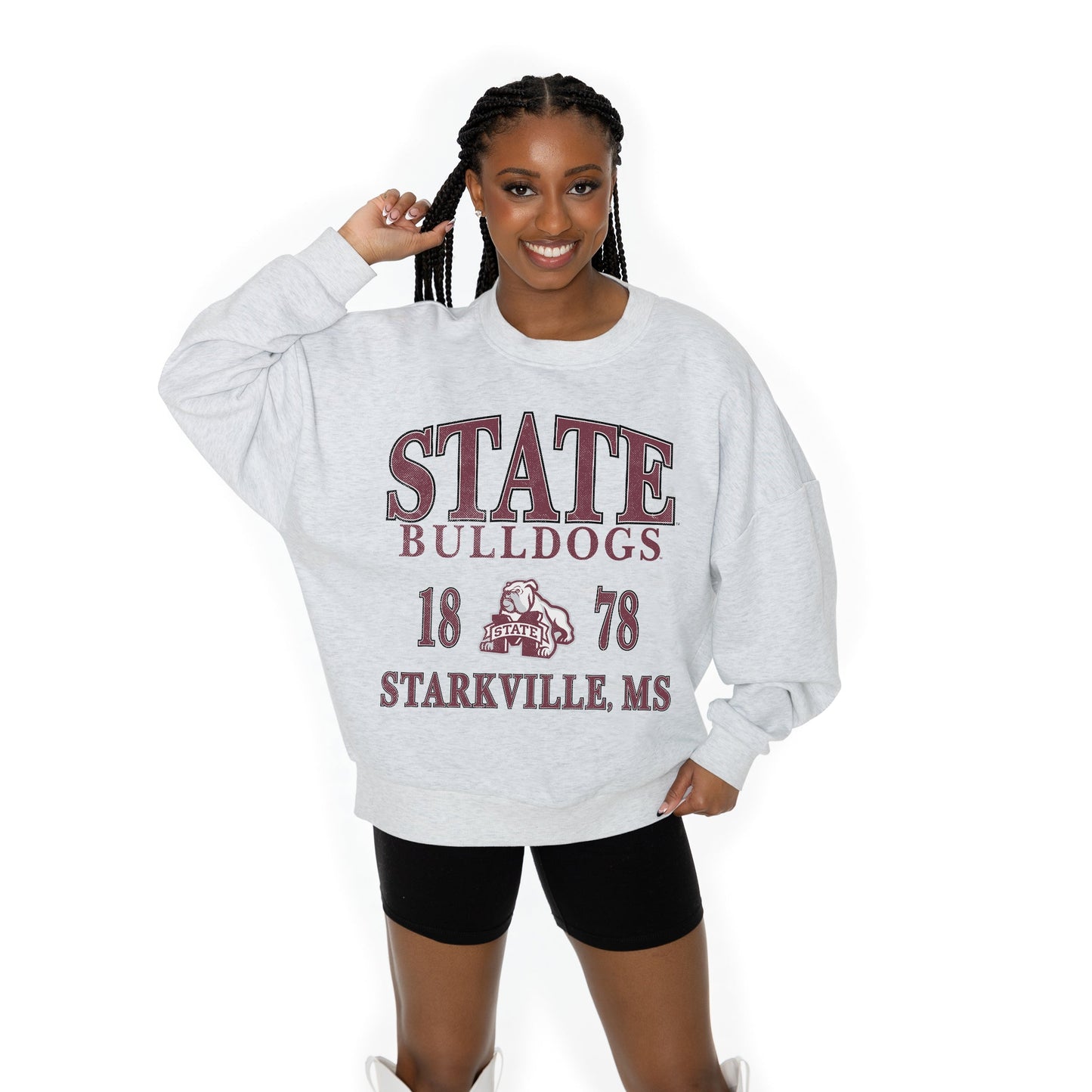 MISSISSIPPI STATE BULLDOGS ALLEGIANCE LONG SLEEVE UNISEX FIT PREMIUM FLEECE CREWNECK SWEATSHIRT WITH RIBBED KNIT NECKLINE, WRIST, AND WAISTBAND