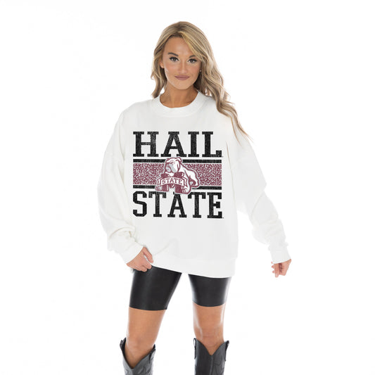 MISSISSIPPI STATE BULLDOGS FAIR CATCH LONG SLEEVE UNISEX FIT PREMIUM FLEECE CREWNECK SWEATSHIRT WITH RIBBED KNIT NECKLINE, WRIST, AND WAISTBAND