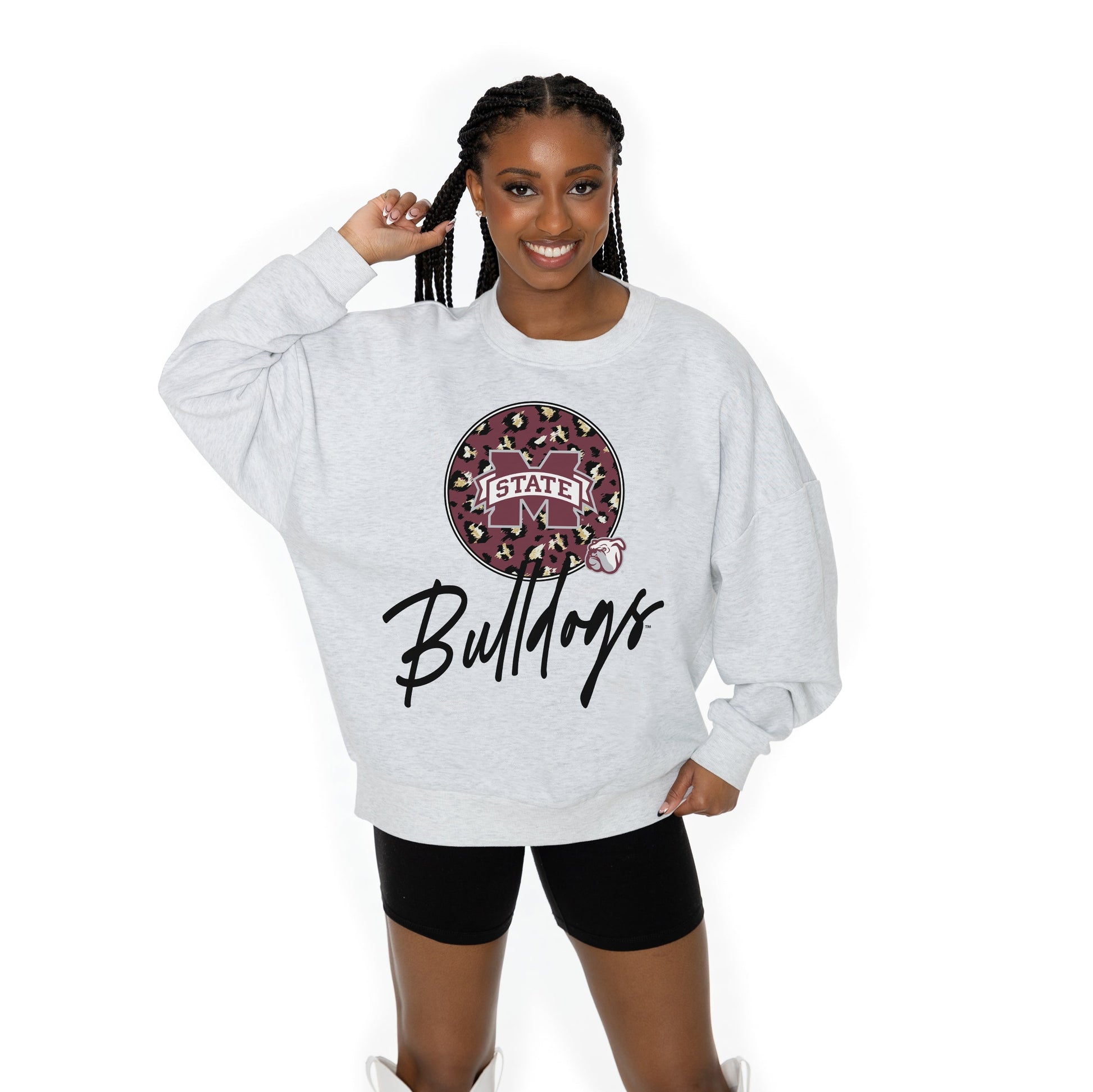 MISSISSIPPI STATE BULLDOGS GOING WILD LONG SLEEVE UNISEX FIT PREMIUM FLEECE CREWNECK SWEATSHIRT WITH RIBBED KNIT NECKLINE, WRIST, AND WAISTBAND
