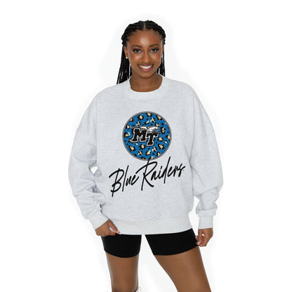 MIDDLE TENNESSEE STATE BLUE RAIDERS GOING WILD LONG SLEEVE UNISEX FIT PREMIUM FLEECE CREWNECK SWEATSHIRT WITH RIBBED KNIT NECKLINE, WRIST, AND WAISTBAND
