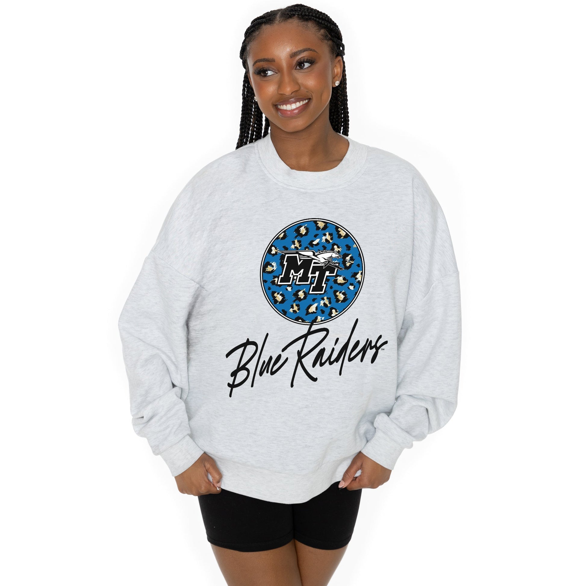 MIDDLE TENNESSEE STATE BLUE RAIDERS GOING WILD LONG SLEEVE UNISEX FIT PREMIUM FLEECE CREWNECK SWEATSHIRT WITH RIBBED KNIT NECKLINE, WRIST, AND WAISTBAND