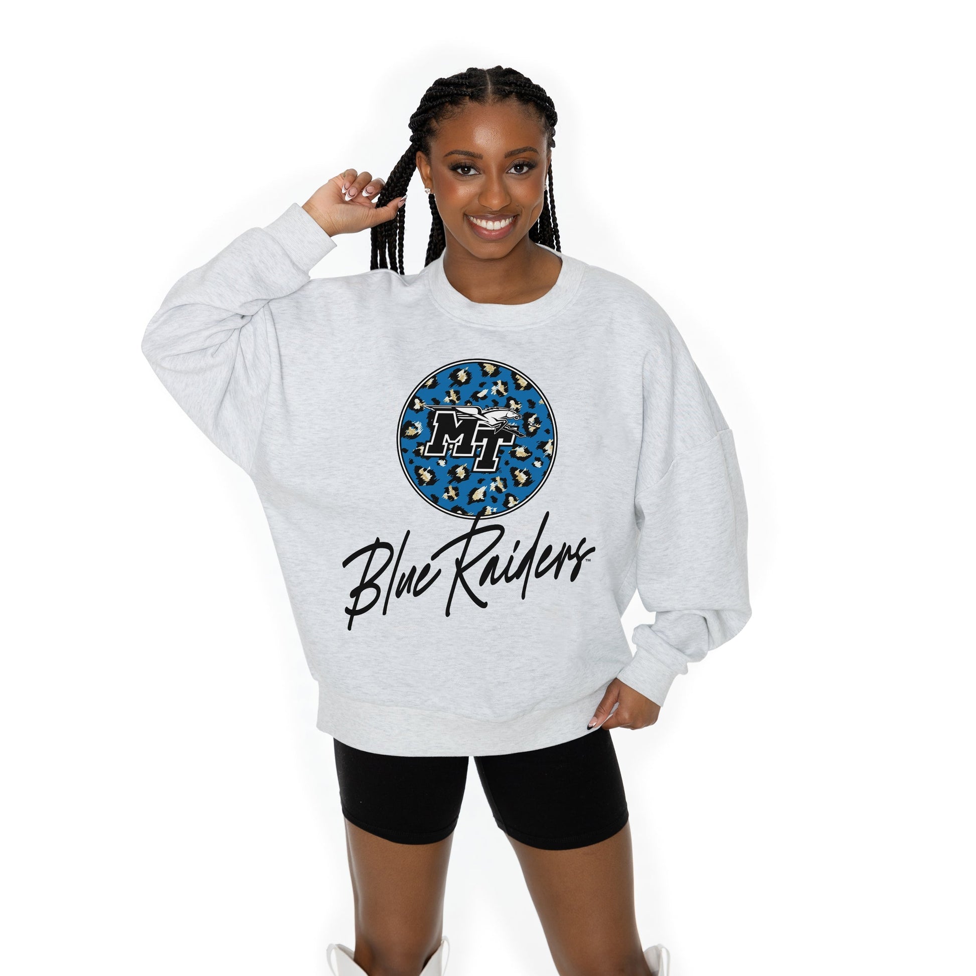 MIDDLE TENNESSEE STATE BLUE RAIDERS GOING WILD LONG SLEEVE UNISEX FIT PREMIUM FLEECE CREWNECK SWEATSHIRT WITH RIBBED KNIT NECKLINE, WRIST, AND WAISTBAND