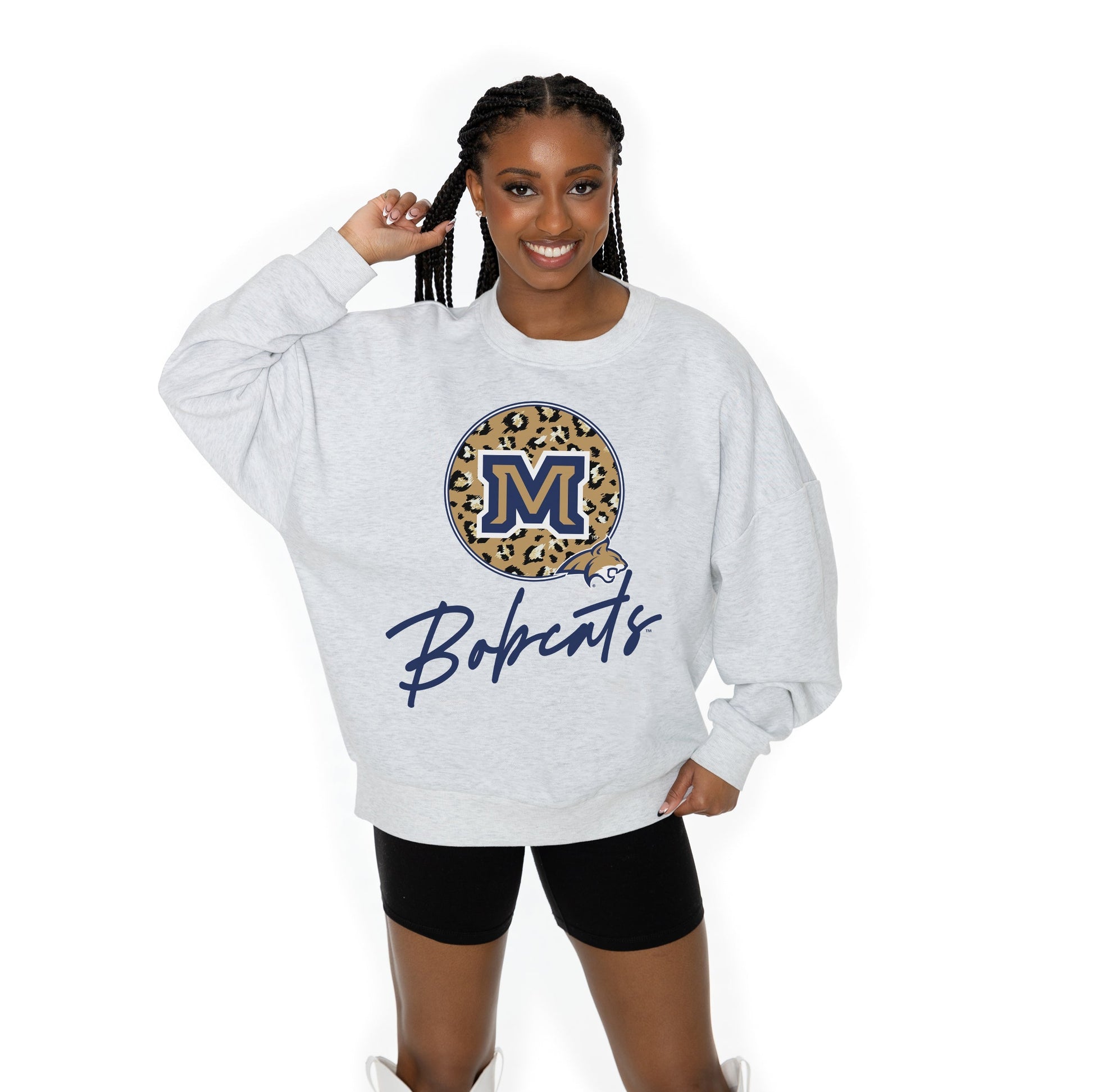 MONTANA STATE BOBCATS GOING WILD LONG SLEEVE UNISEX FIT PREMIUM FLEECE CREWNECK SWEATSHIRT WITH RIBBED KNIT NECKLINE, WRIST, AND WAISTBAND