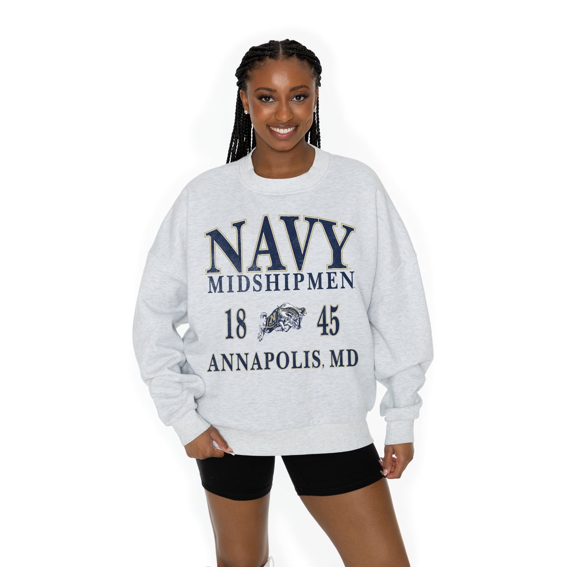 US NAVY MIDSHIPMEN ALLEGIANCE LONG SLEEVE UNISEX FIT PREMIUM FLEECE CREWNECK SWEATSHIRT WITH RIBBED KNIT NECKLINE, WRIST, AND WAISTBAND