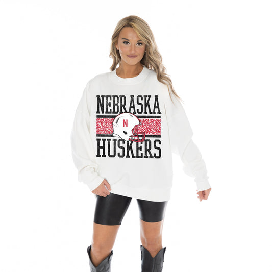 NEBRASKA CORNHUSKERS FAIR CATCH LONG SLEEVE UNISEX FIT PREMIUM FLEECE CREWNECK SWEATSHIRT WITH RIBBED KNIT NECKLINE, WRIST, AND WAISTBAND