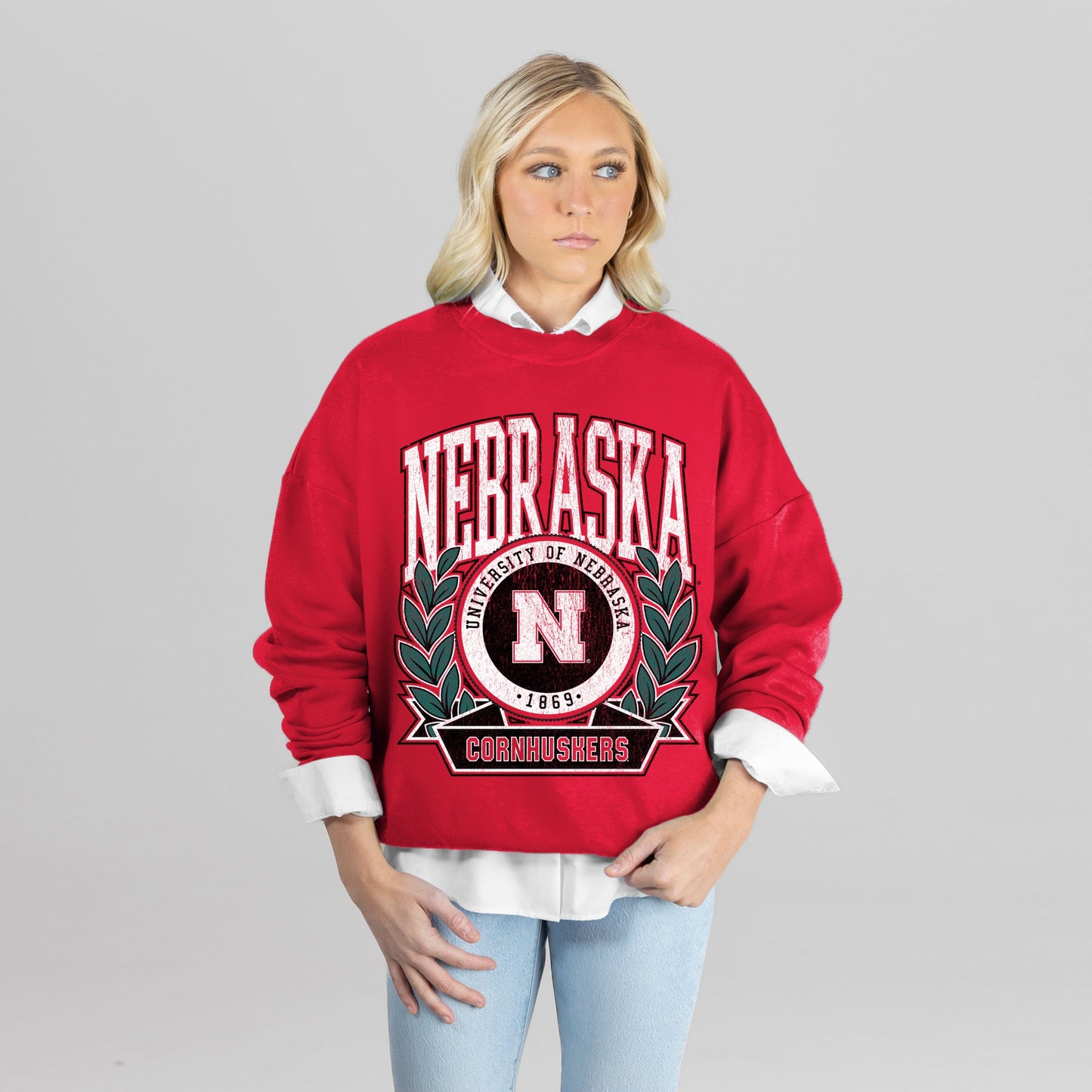 NEBRASKA CORNHUSKERS CLASSIC ARCHIVES PREMIUM FLEECE DROP SHOULDER CREWNECK PULLOVER