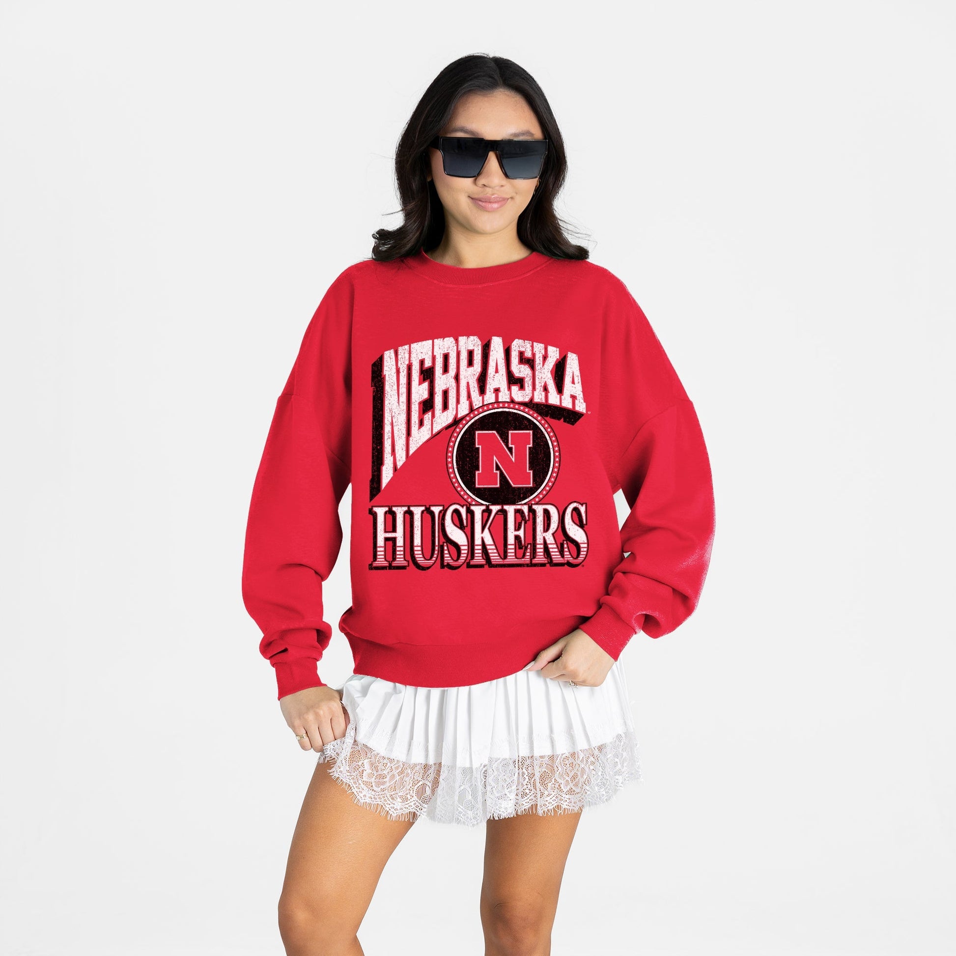NEBRASKA CORNHUSKERS MAIN CHARACTER PREMIUM FLEECE DROP SHOULDER CREWNECK PULLOVER