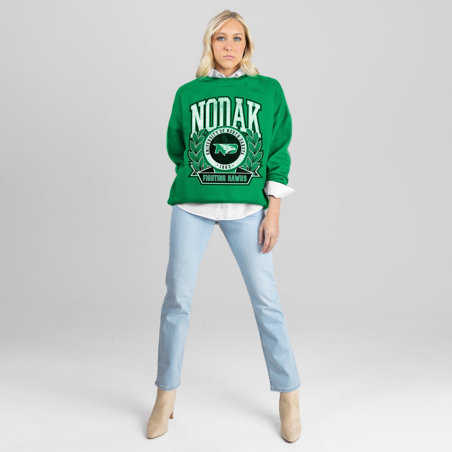 NORTH DAKOTA FIGHTING HAWKS CLASSIC ARCHIVES PREMIUM FLEECE DROP SHOULDER CREWNECK PULLOVER