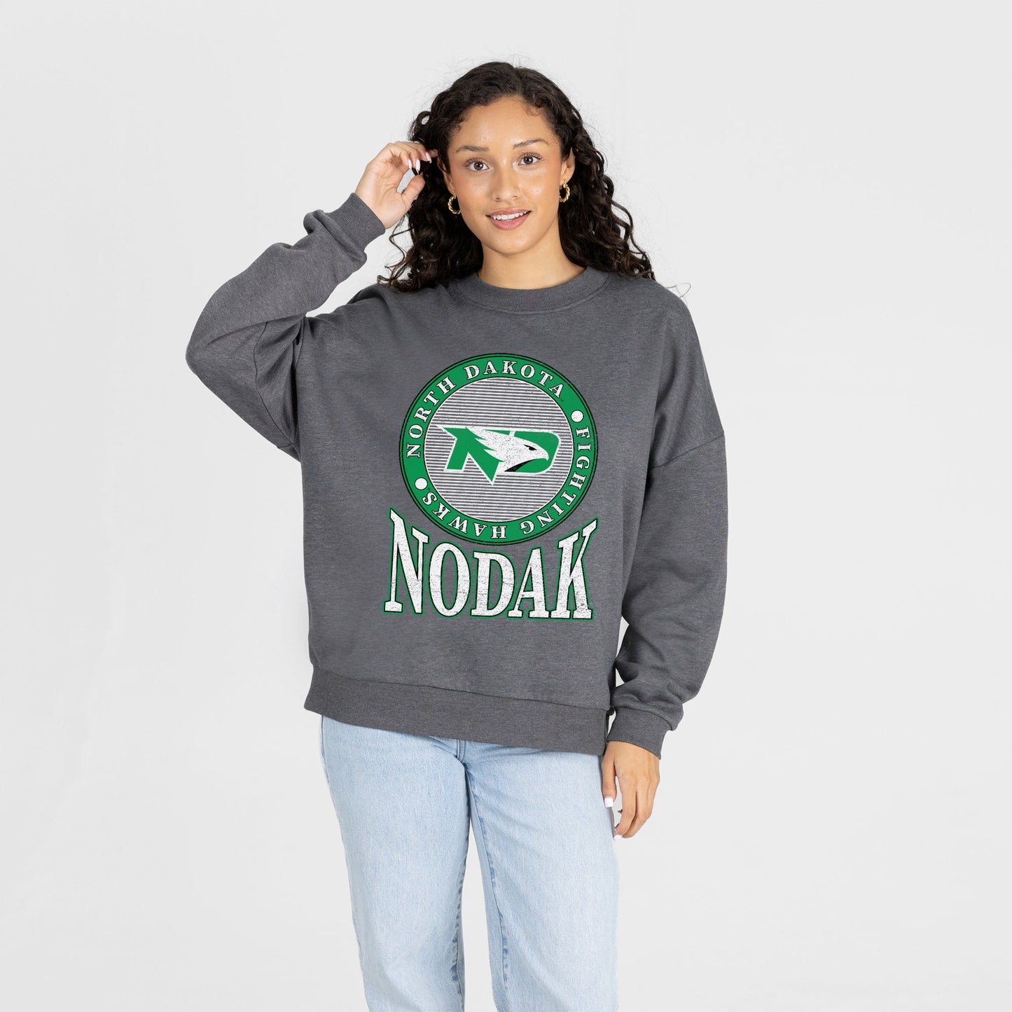 NORTH DAKOTA FIGHTING HAWKS SATURDAY SEAL PREMIUM FLEECE DROP SHOULDER CREWNECK PULLOVER