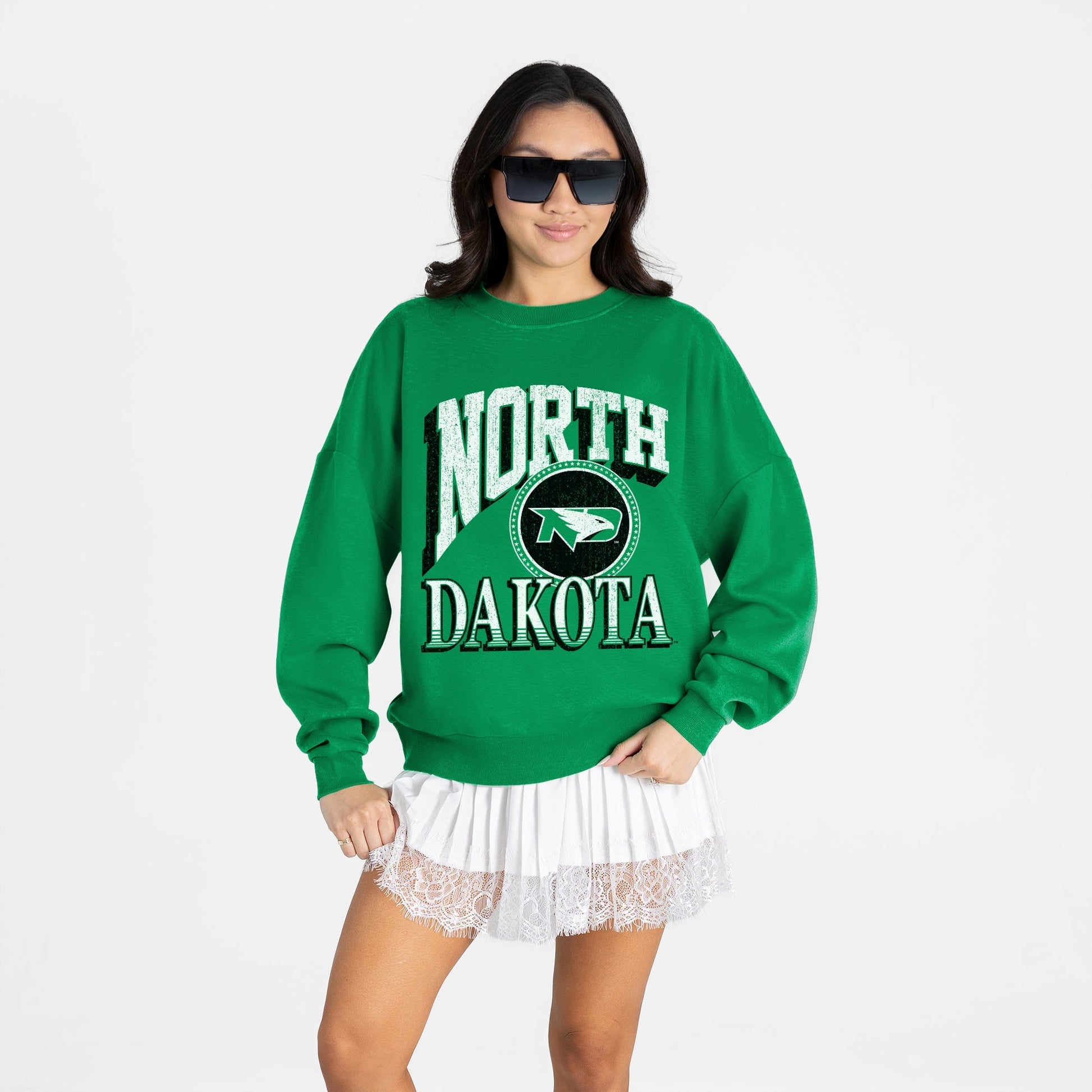 NORTH DAKOTA FIGHTING HAWKS MAIN CHARACTER PREMIUM FLEECE DROP SHOULDER CREWNECK PULLOVER