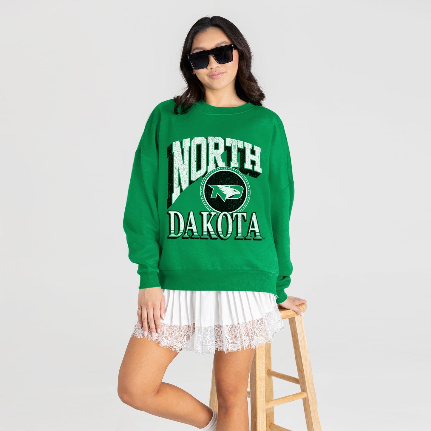 NORTH DAKOTA FIGHTING HAWKS MAIN CHARACTER PREMIUM FLEECE DROP SHOULDER CREWNECK PULLOVER