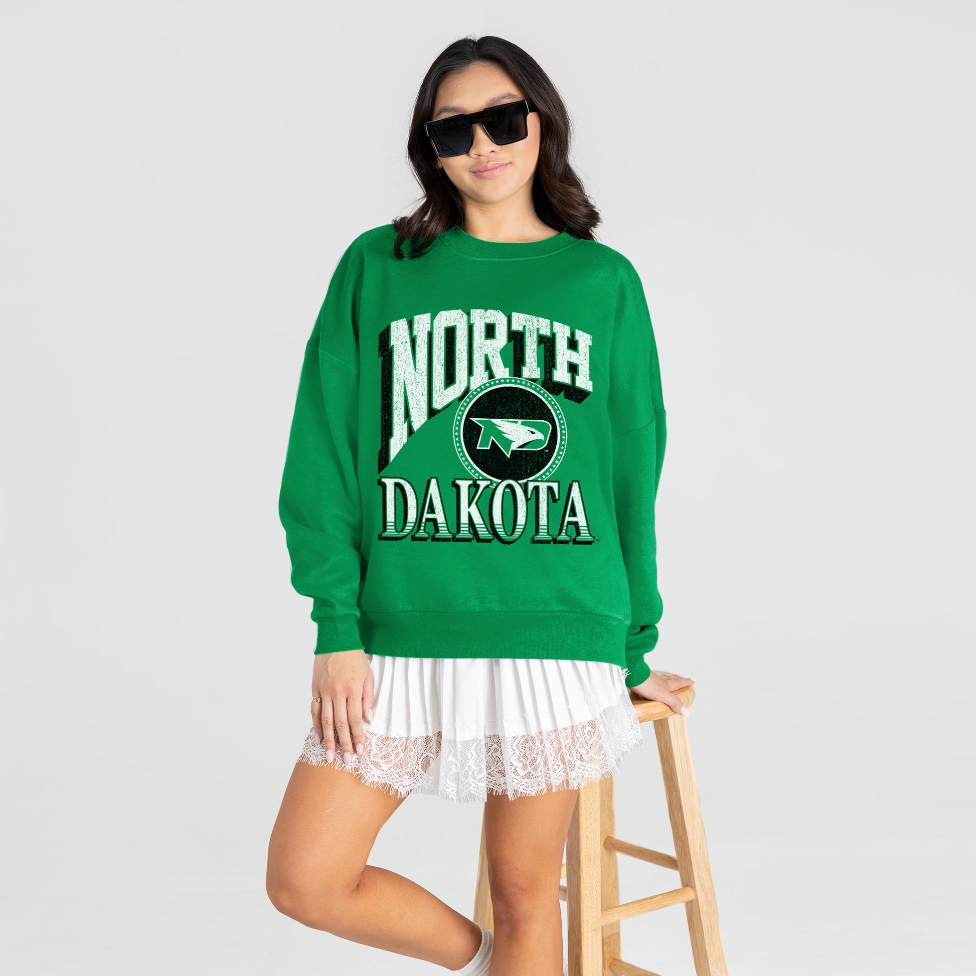 NORTH DAKOTA FIGHTING HAWKS MAIN CHARACTER PREMIUM FLEECE DROP SHOULDER CREWNECK PULLOVER