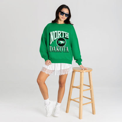 NORTH DAKOTA FIGHTING HAWKS MAIN CHARACTER PREMIUM FLEECE DROP SHOULDER CREWNECK PULLOVER