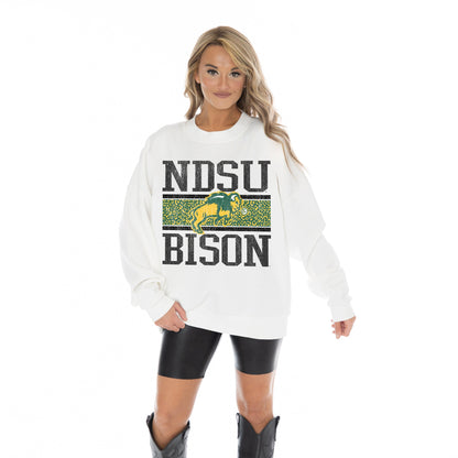 NORTH DAKOTA STATE BISON FAIR CATCH LONG SLEEVE UNISEX FIT PREMIUM FLEECE CREWNECK SWEATSHIRT WITH RIBBED KNIT NECKLINE, WRIST, AND WAISTBAND