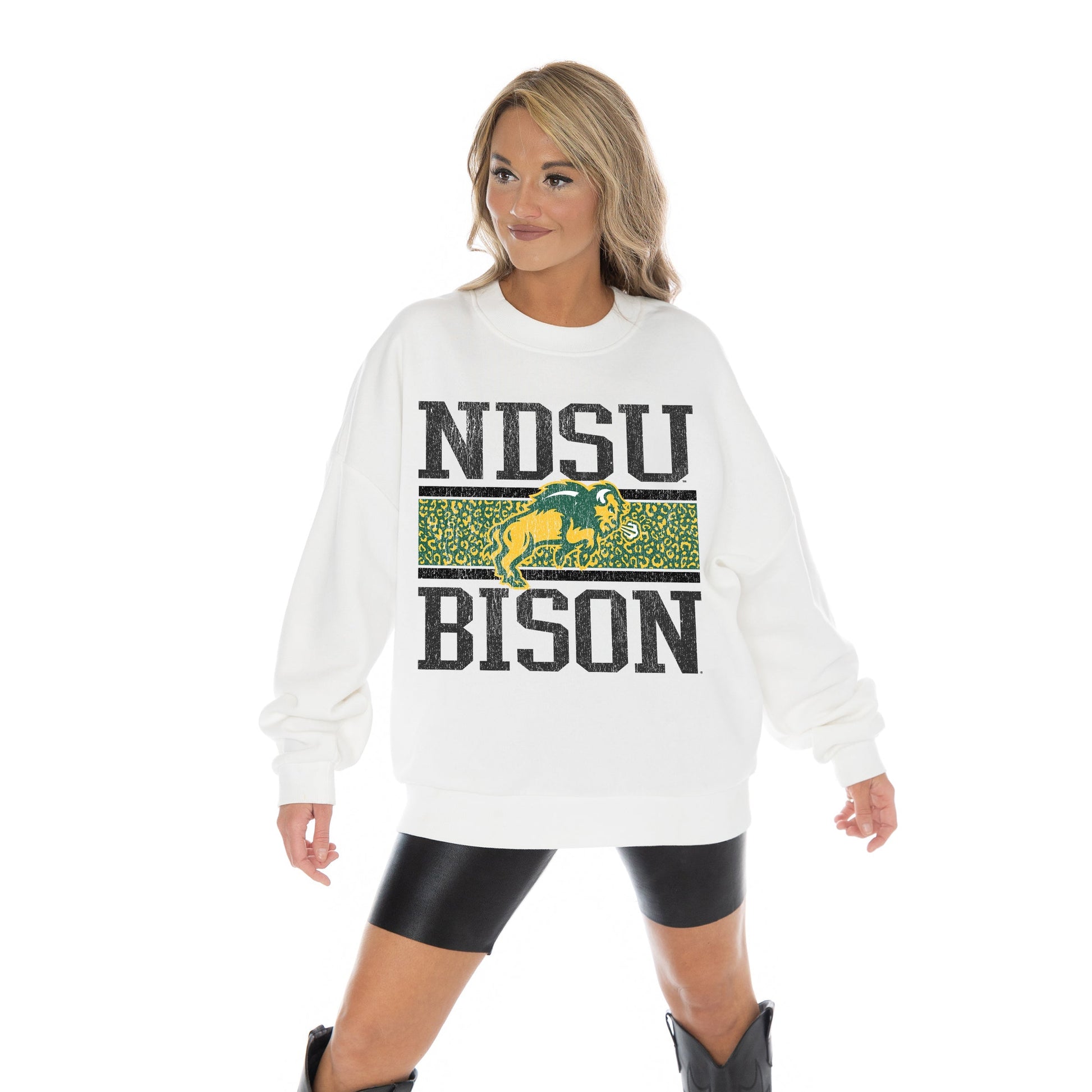 NORTH DAKOTA STATE BISON FAIR CATCH LONG SLEEVE UNISEX FIT PREMIUM FLEECE CREWNECK SWEATSHIRT WITH RIBBED KNIT NECKLINE, WRIST, AND WAISTBAND