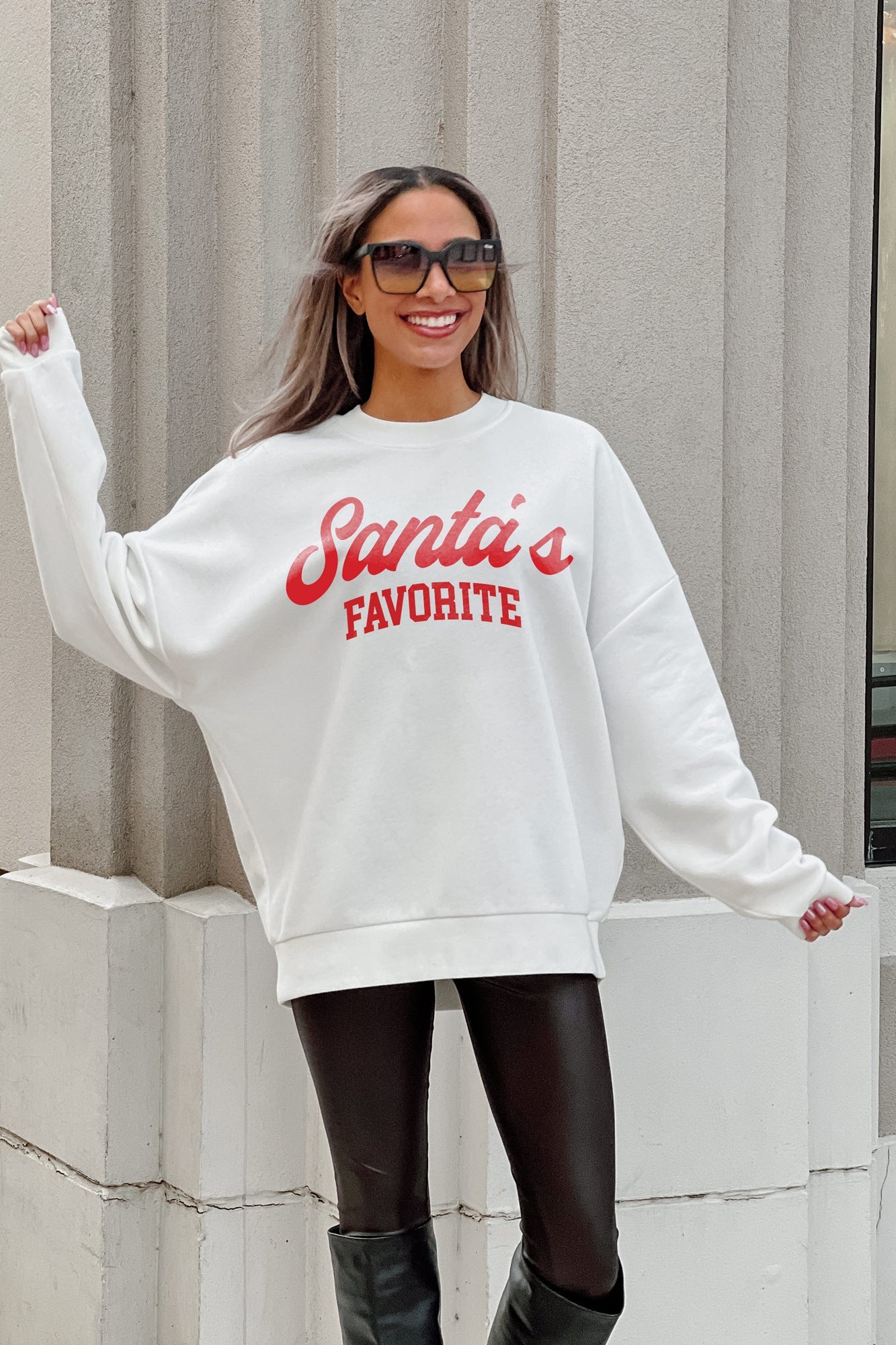 SANTA'S FAVORITE DROP SHOULDER CREWNECK SWEATSHIRT IN WHITE