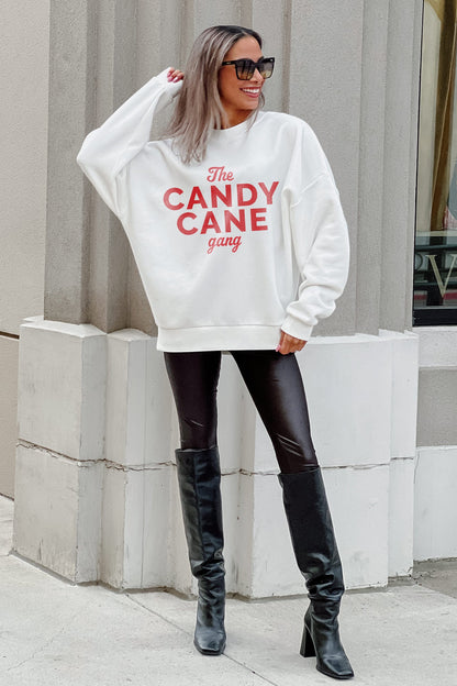 CANDY CANE GANG DROP SHOULDER CREWNECK SWEATSHIRT IN WHITE