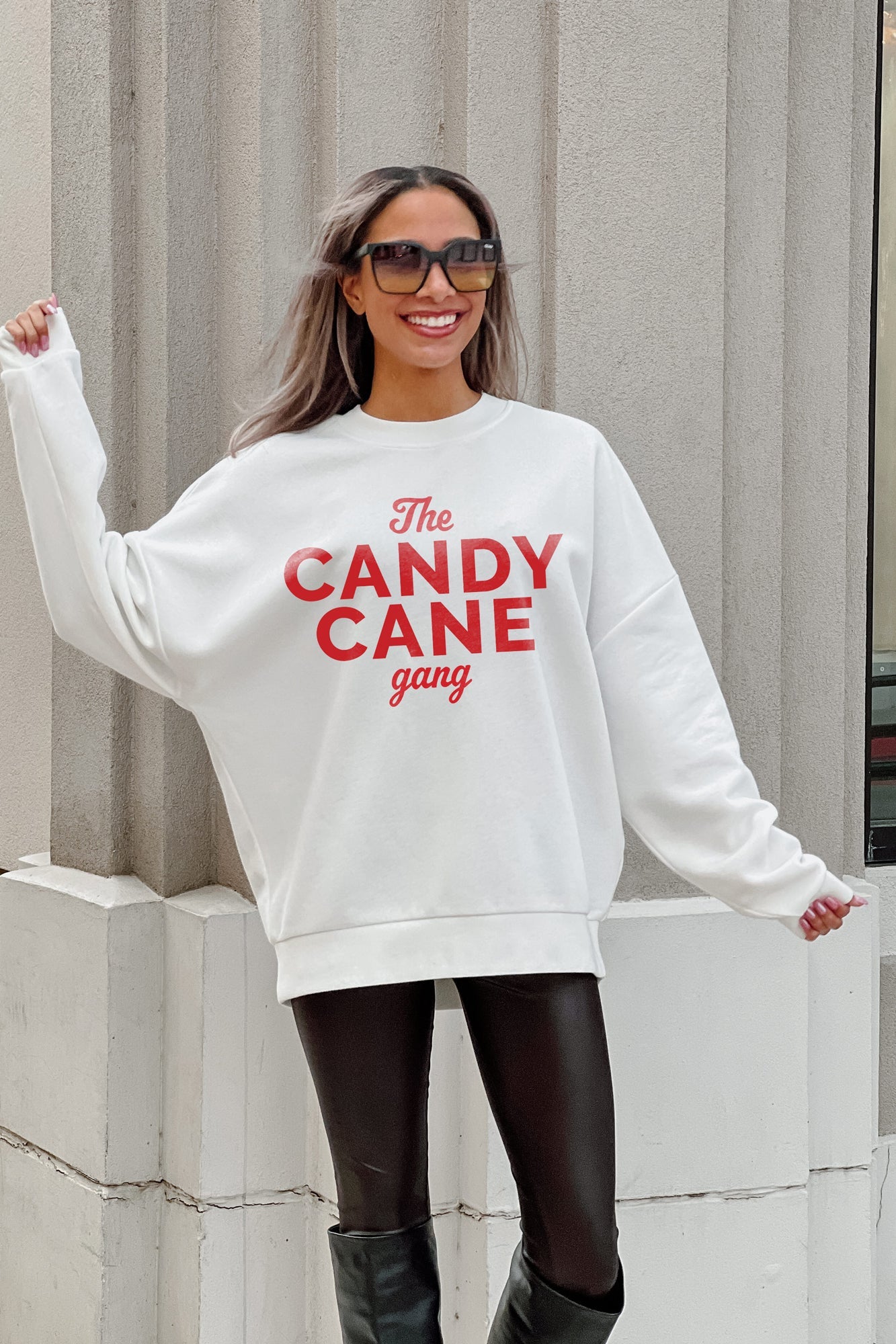 CANDY CANE GANG DROP SHOULDER CREWNECK SWEATSHIRT IN WHITE