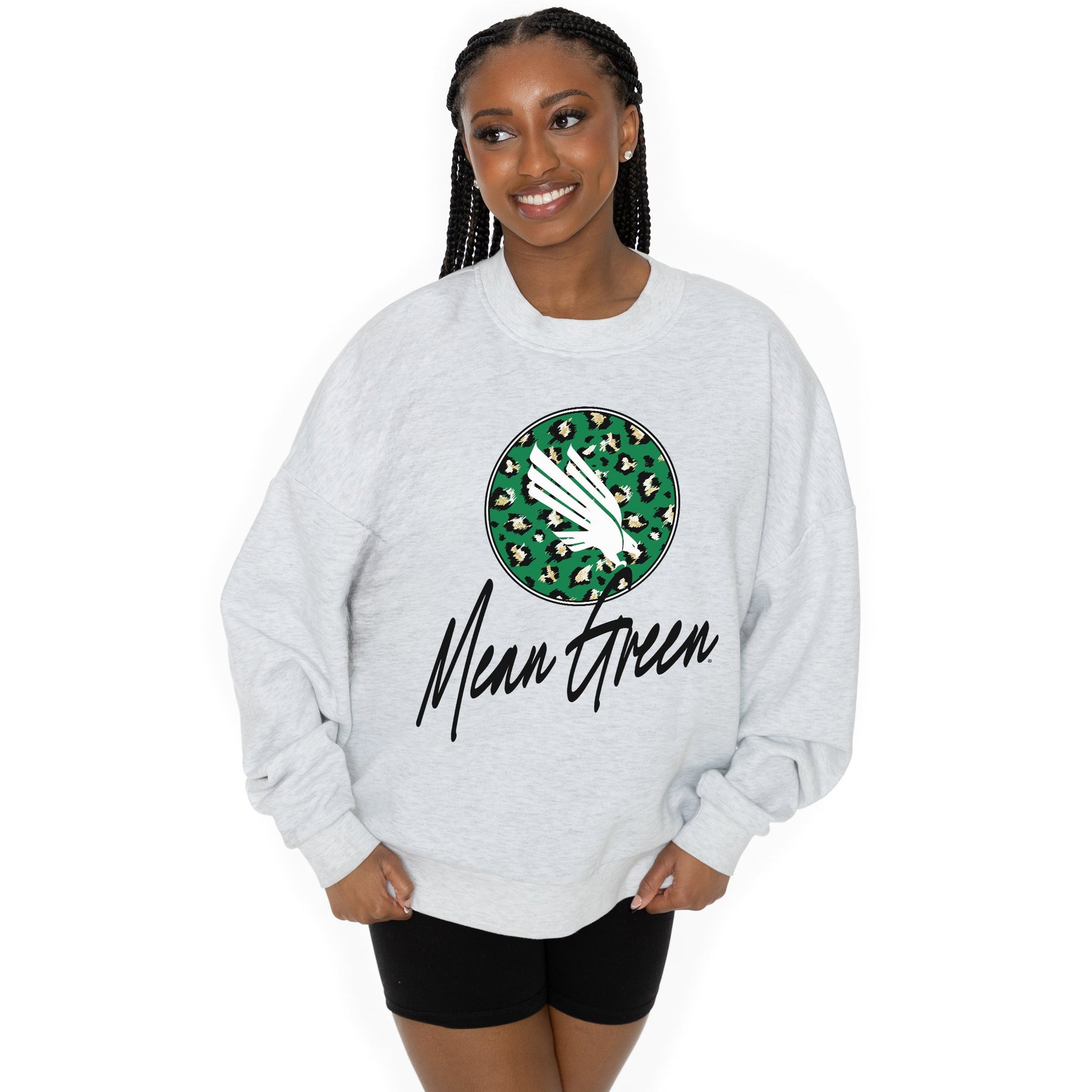 NORTH TEXAS MEAN GREEN GOING WILD LONG SLEEVE UNISEX FIT PREMIUM FLEECE CREWNECK SWEATSHIRT WITH RIBBED KNIT NECKLINE, WRIST, AND WAISTBAND